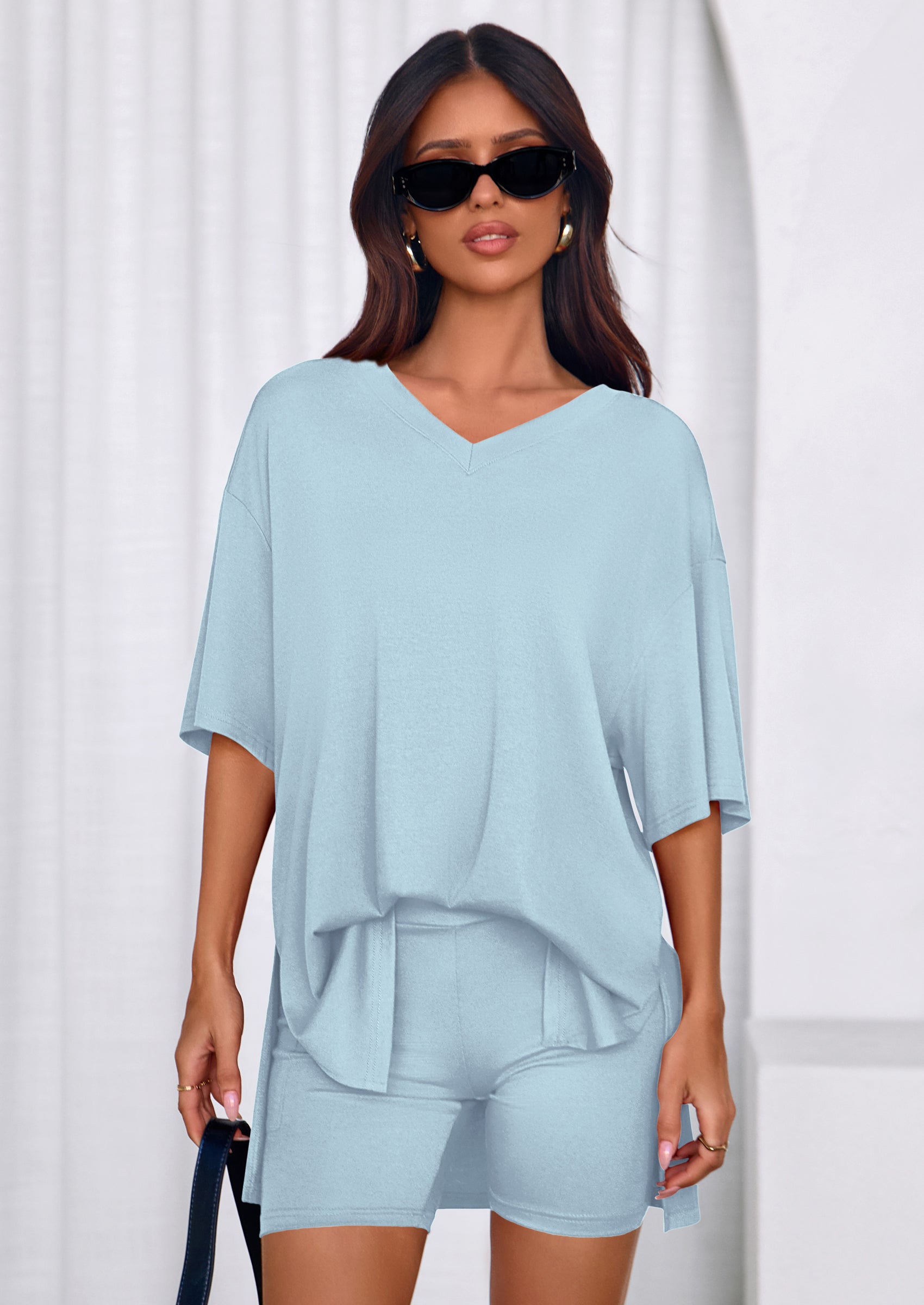 Osonn 2 Piece Sets for Women Summer Lounge Short Set Spring Matching Biker Shorts V Neck Oversized Shirt Clothing