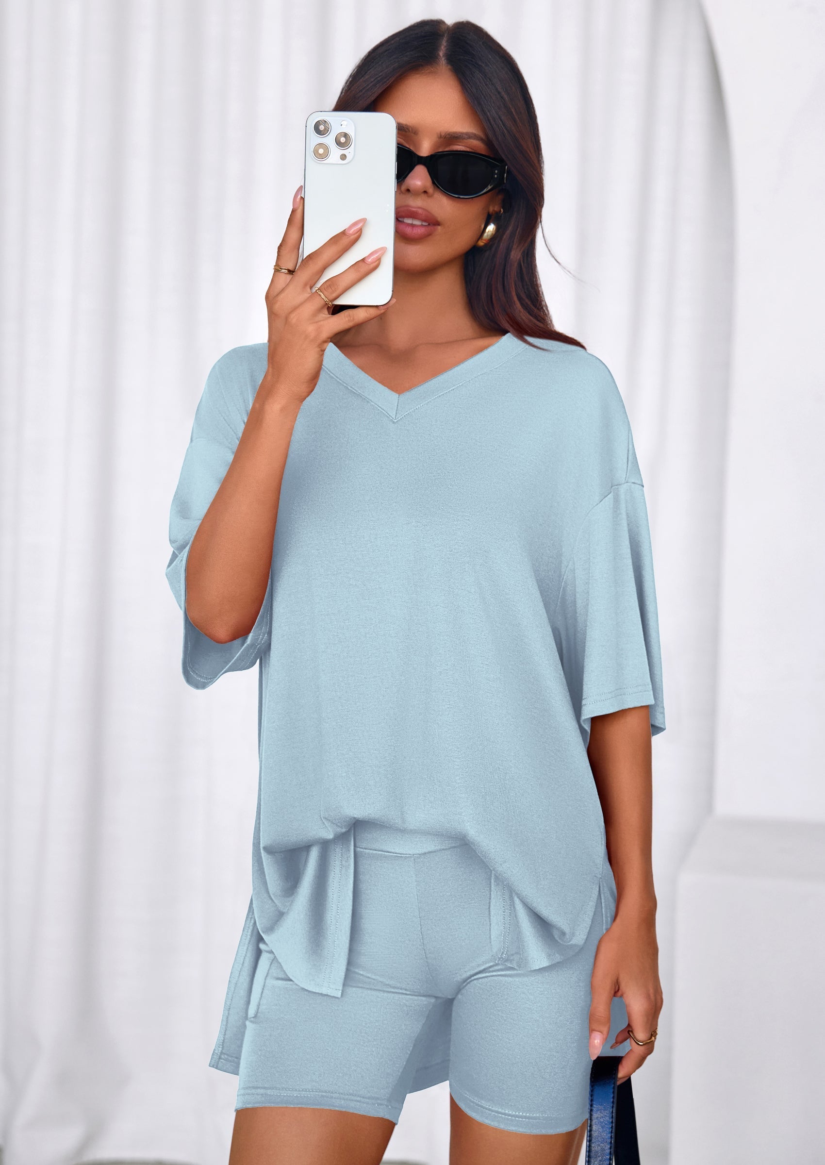 Osonn 2 Piece Sets for Women Summer Lounge Short Set Spring Matching Biker Shorts V Neck Oversized Shirt Clothing