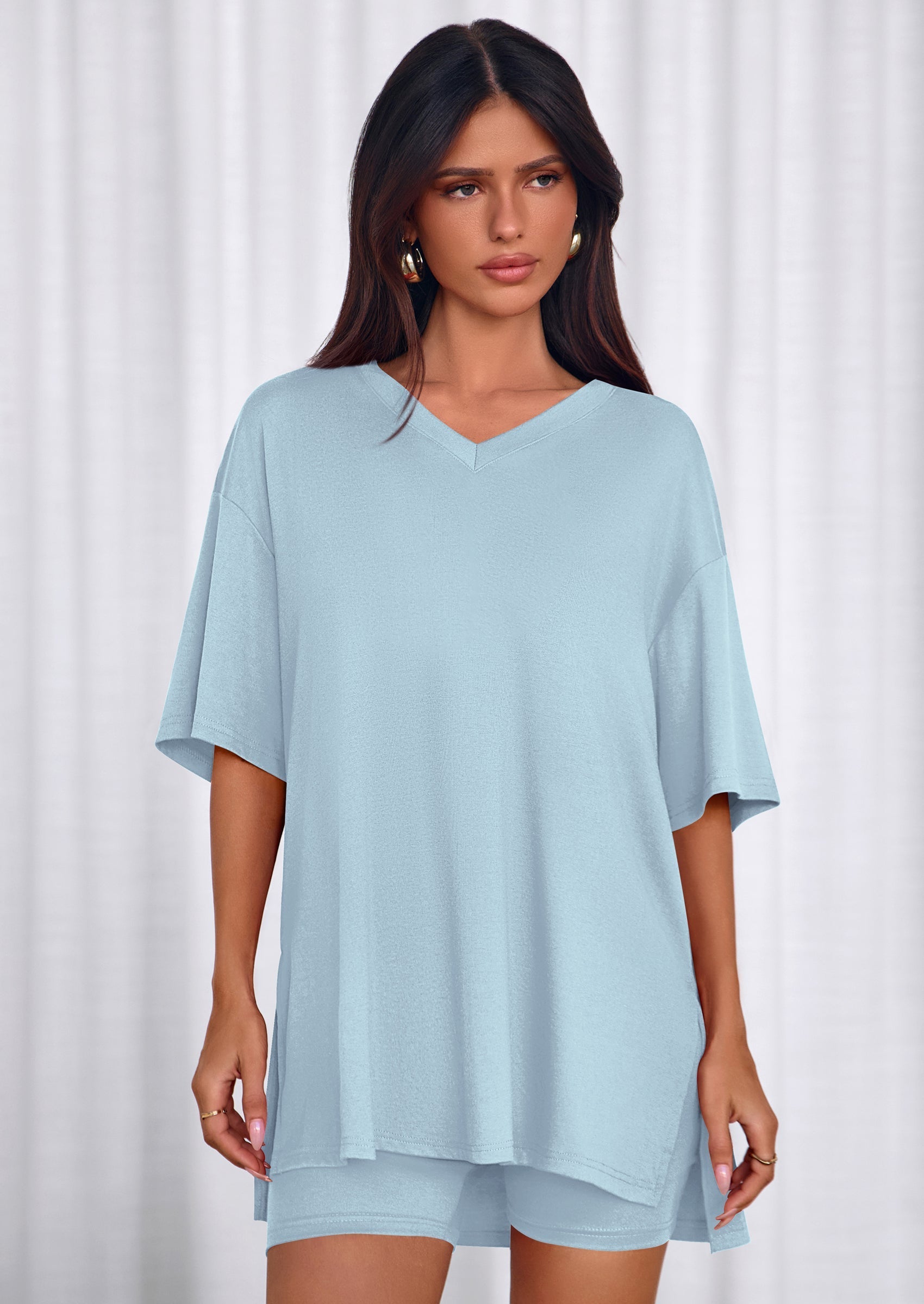 Osonn 2 Piece Sets for Women Summer Lounge Short Set Spring Matching Biker Shorts V Neck Oversized Shirt Clothing