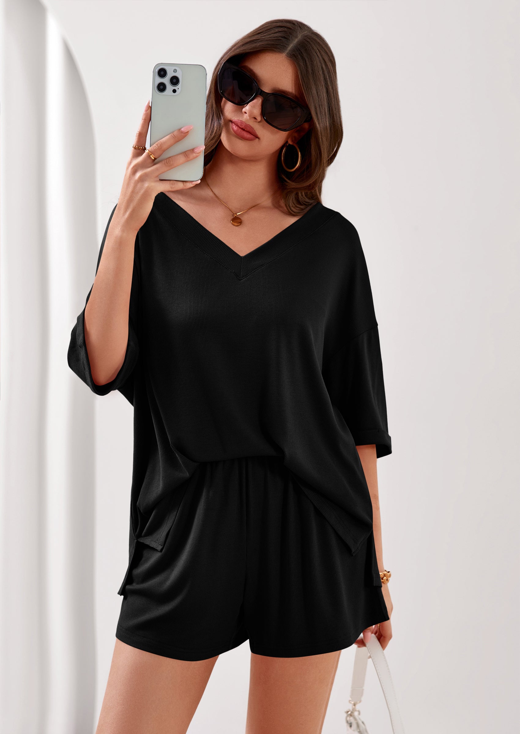 Osonn Womens 2 Piece Sets Oversized Vneck Half Sleeve Tops Shorts Lounge Set Casual Summer Travel Beach Outfits