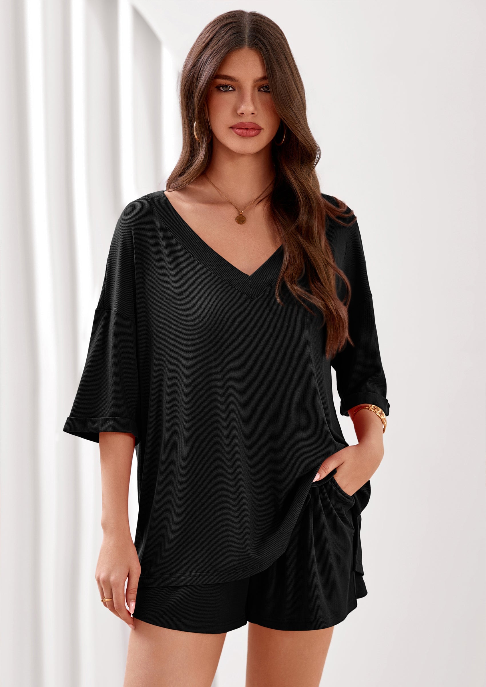 Osonn Womens 2 Piece Sets Oversized Vneck Half Sleeve Tops Shorts Lounge Set Casual Summer Travel Beach Outfits