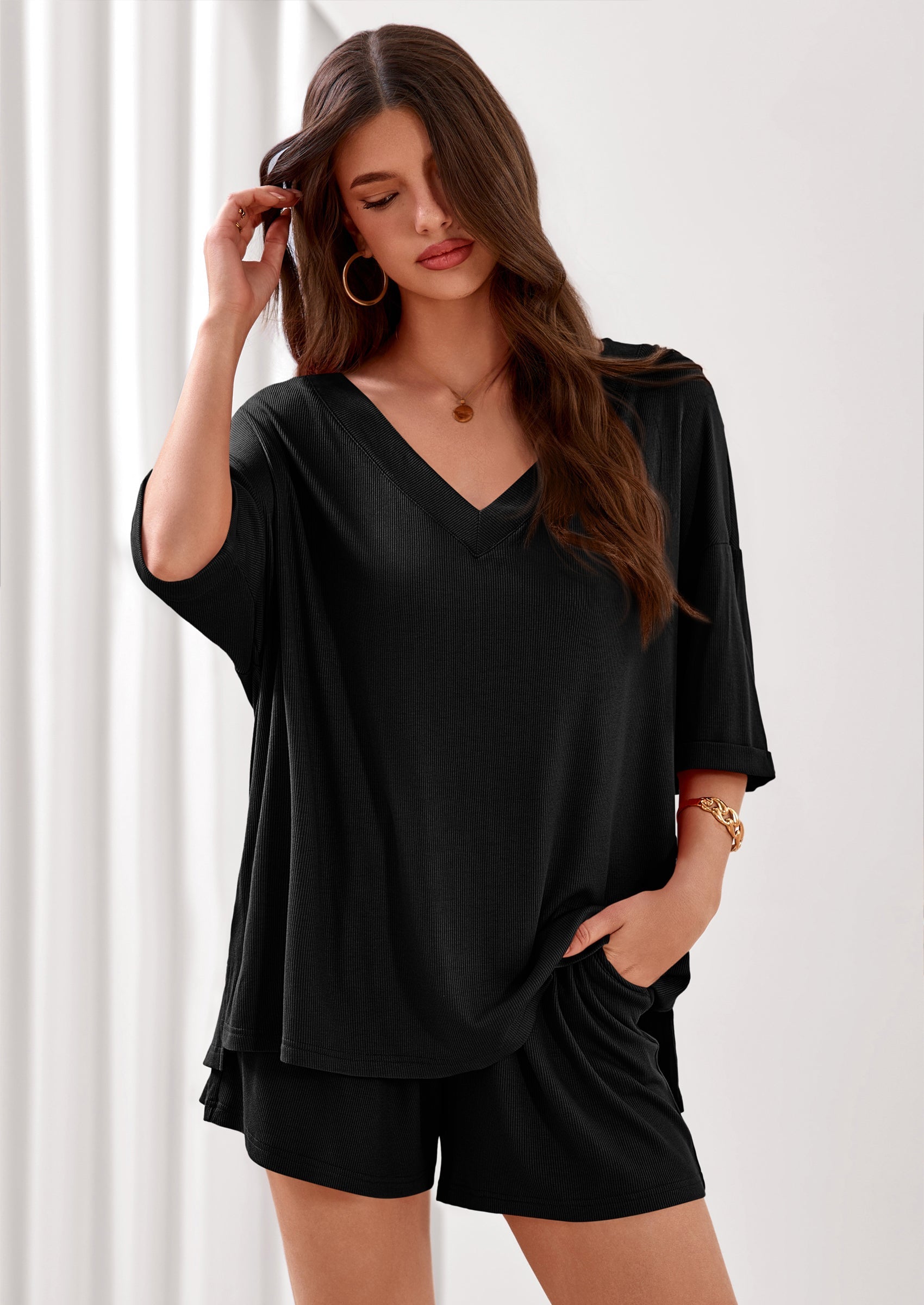 Osonn Womens 2 Piece Sets Oversized Vneck Half Sleeve Tops Shorts Lounge Set Casual Summer Travel Beach Outfits
