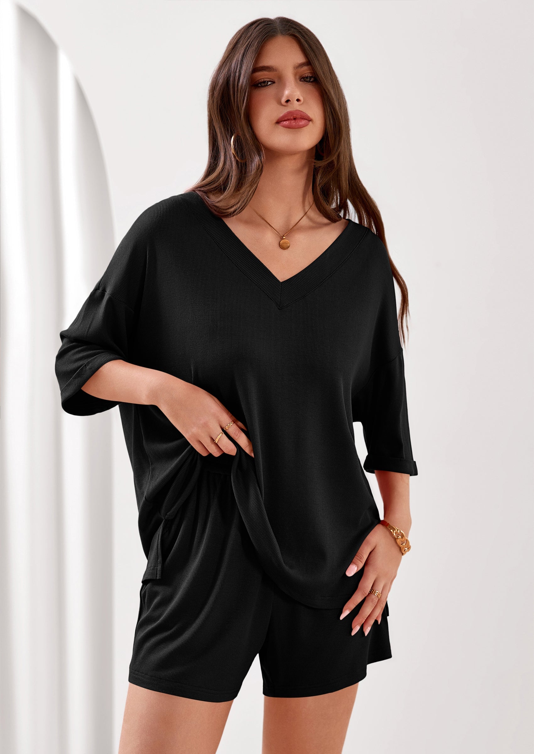 Osonn Womens 2 Piece Sets Oversized Vneck Half Sleeve Tops Shorts Lounge Set Casual Summer Travel Beach Outfits