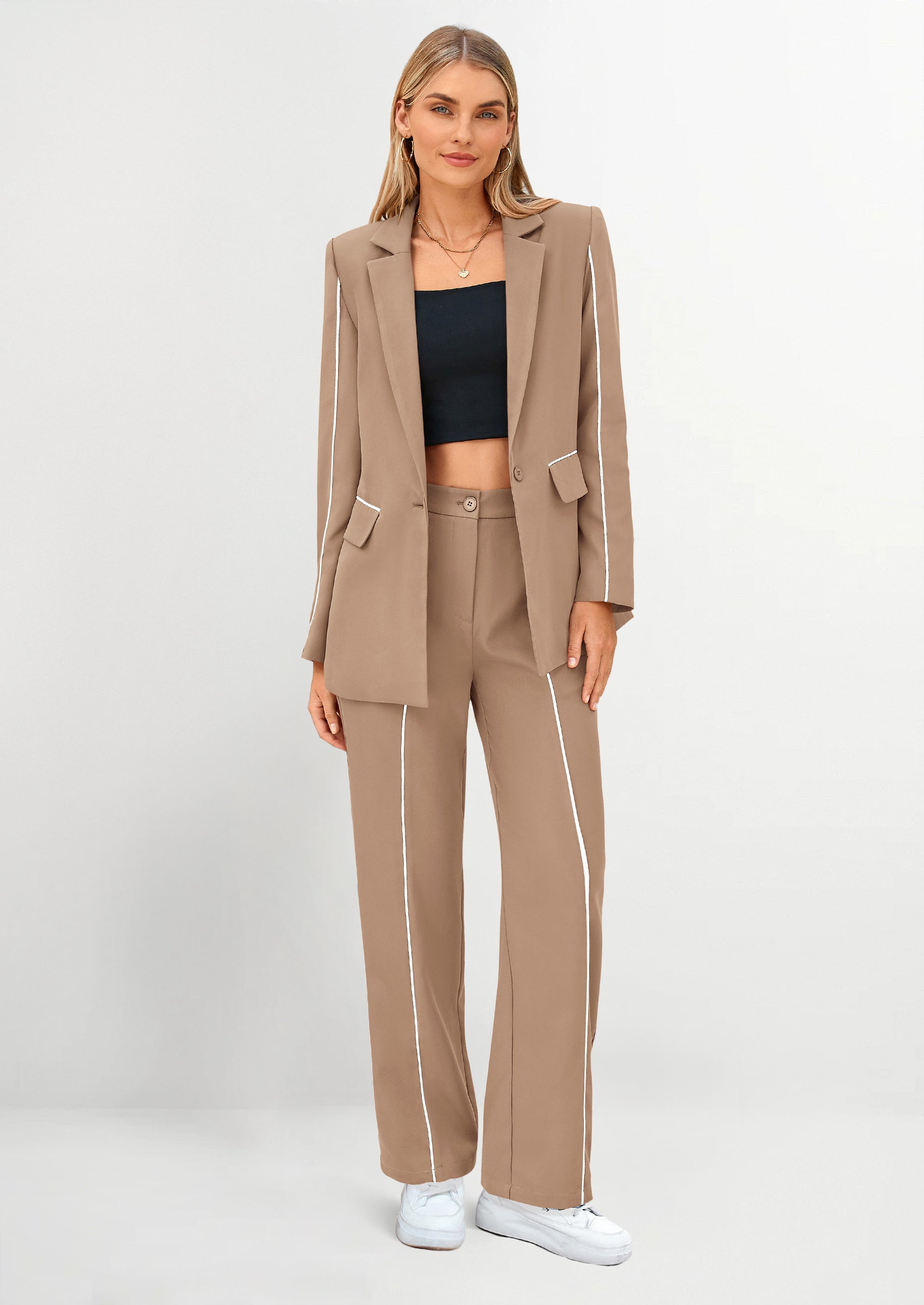Osonn 2 Piece Blazer Outfits Business Casual Oversized Jacket Wide Leg Work Pants Dressy Suit Set