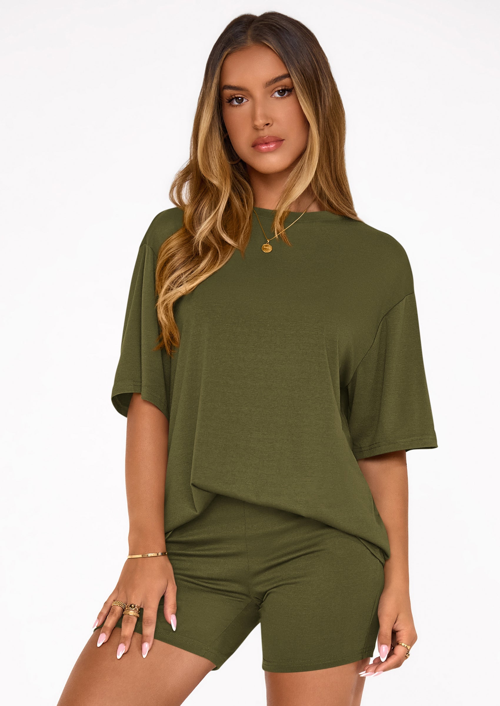 Osonn Women's Two Piece Matching Lounge Sets Summer Casual Tops Short Sleeve Shirts Shorts Travel Airport Outfits
