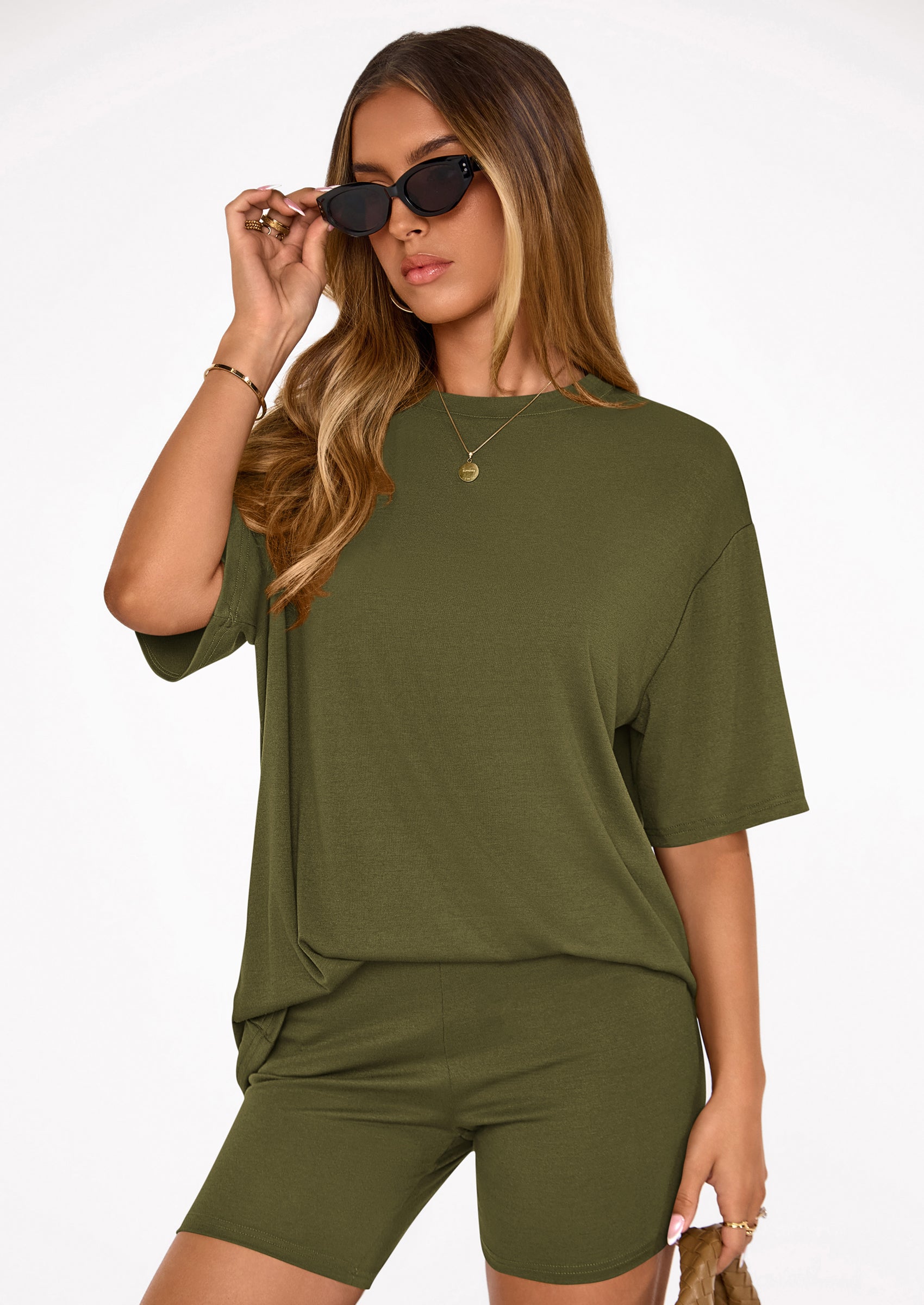 Osonn Women's Two Piece Matching Lounge Sets Summer Casual Tops Short Sleeve Shirts Shorts Travel Airport Outfits