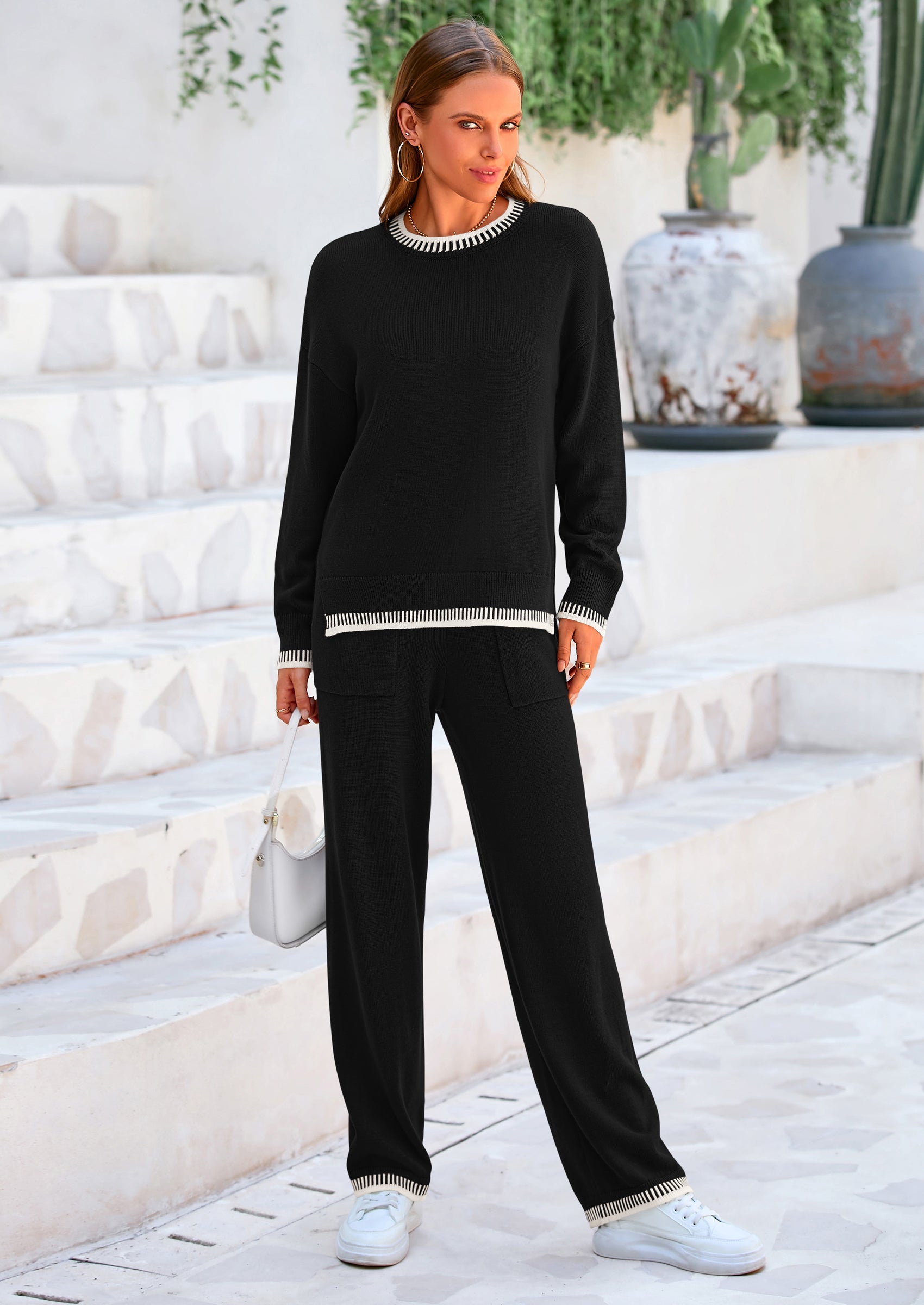 Osonn Women's 2 Piece Knit Sweater Outfit Casual Long Sleeve Pullover Wide Leg Pants Tracksuit Loungewear Set