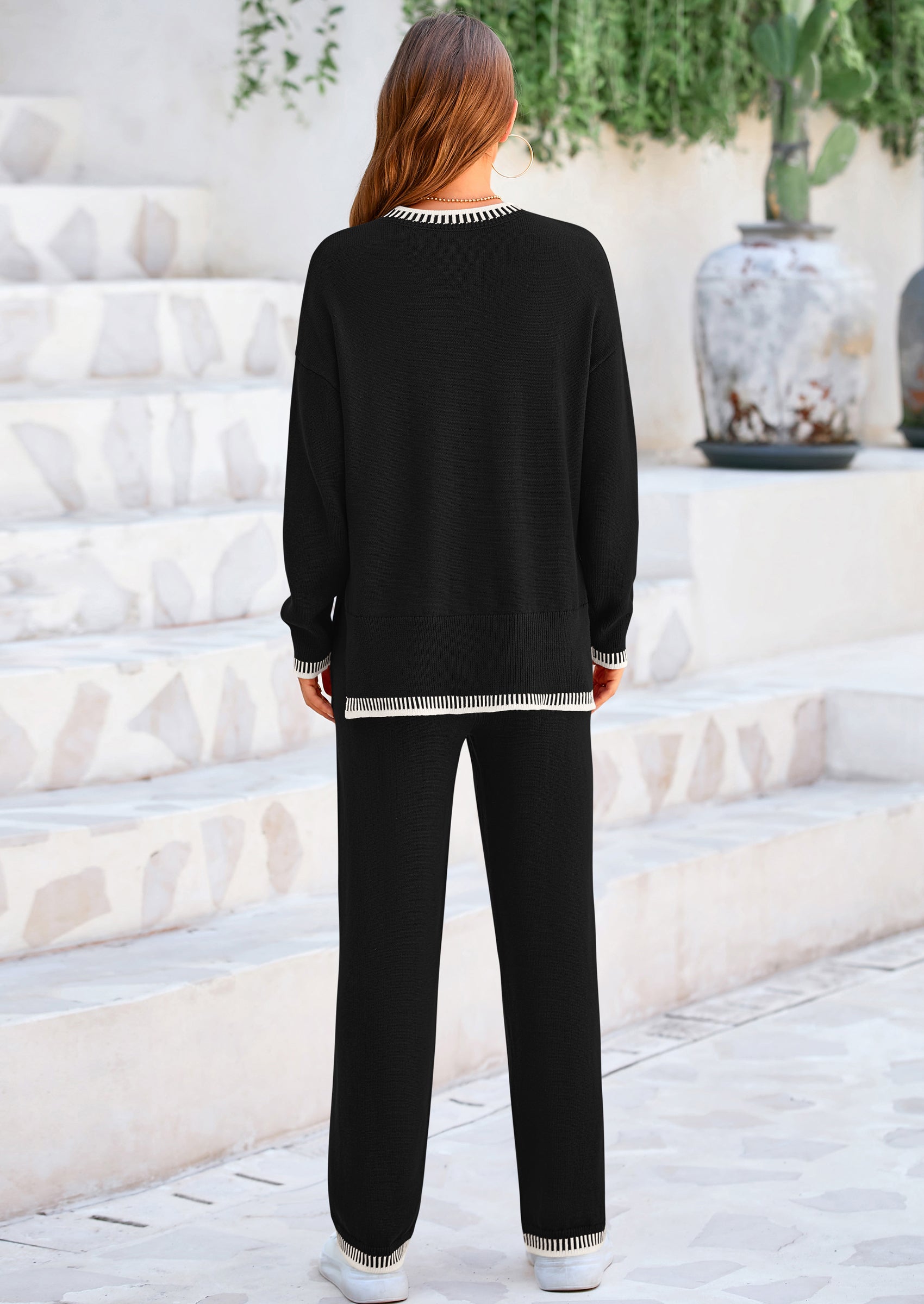Osonn Women's 2 Piece Knit Sweater Outfit Casual Long Sleeve Pullover Wide Leg Pants Tracksuit Loungewear Set