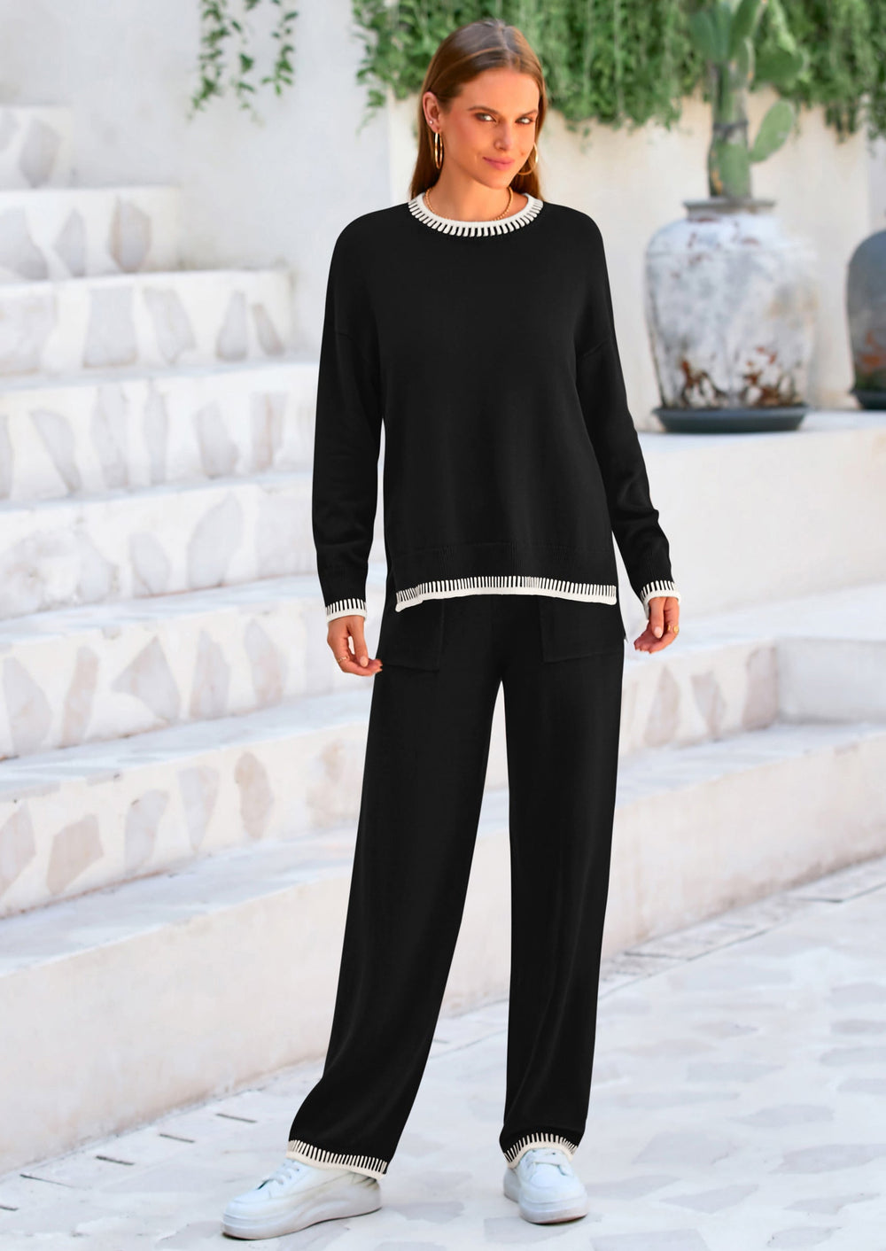 Osonn Women's 2 Piece Knit Sweater Outfit Casual Long Sleeve Pullover Wide Leg Pants Tracksuit Loungewear Set