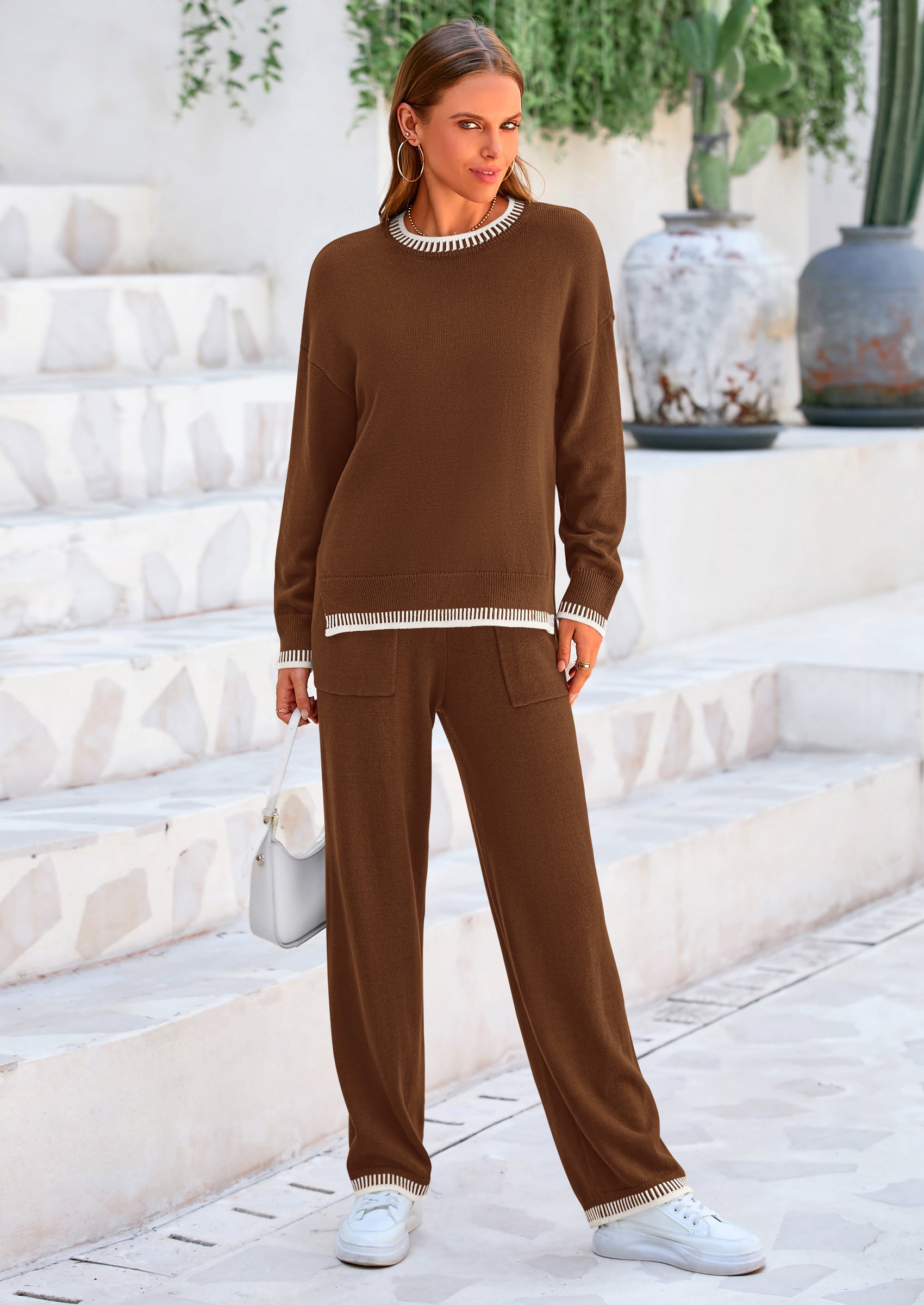 Osonn Women's 2 Piece Knit Sweater Outfit Casual Long Sleeve Pullover Wide Leg Pants Tracksuit Loungewear Set