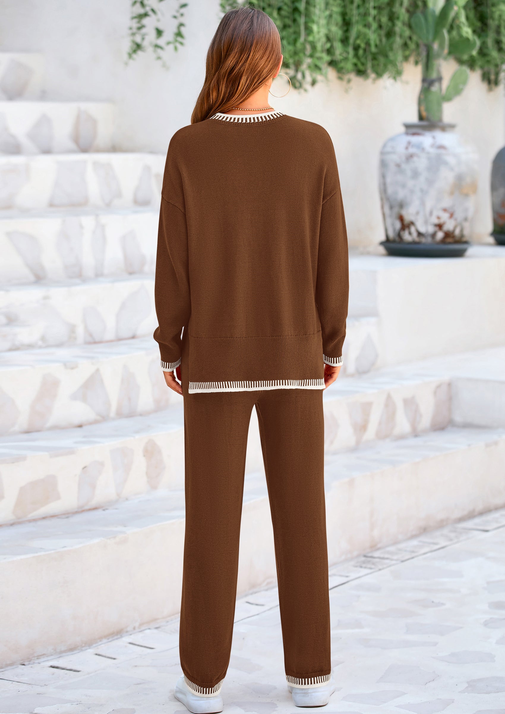 Osonn Women's 2 Piece Knit Sweater Outfit Casual Long Sleeve Pullover Wide Leg Pants Tracksuit Loungewear Set