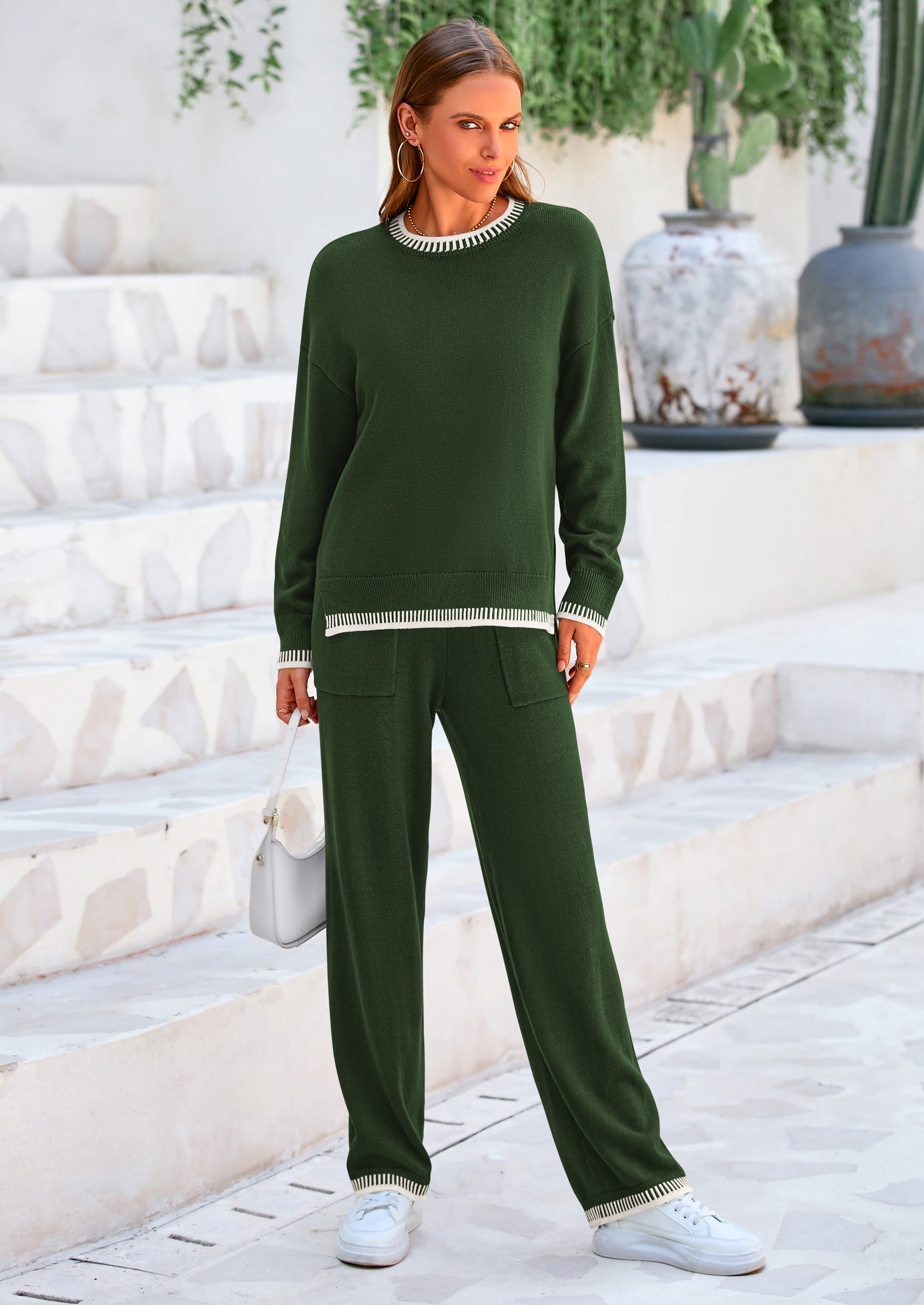 Osonn Women's 2 Piece Knit Sweater Outfit Casual Long Sleeve Pullover Wide Leg Pants Tracksuit Loungewear Set