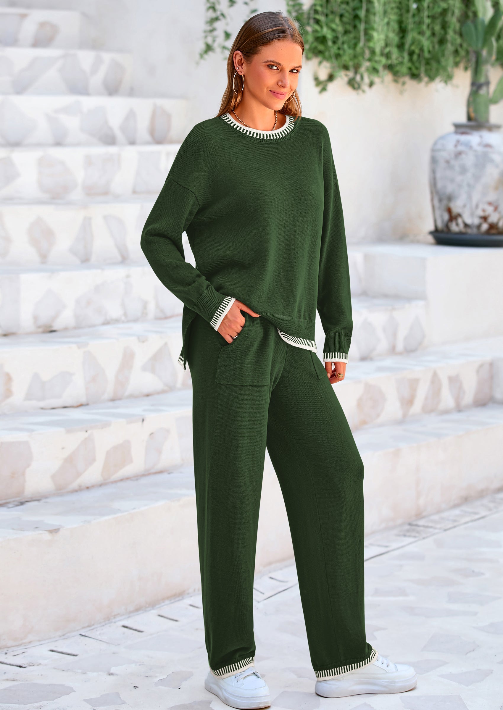 Osonn Women's 2 Piece Knit Sweater Outfit Casual Long Sleeve Pullover Wide Leg Pants Tracksuit Loungewear Set