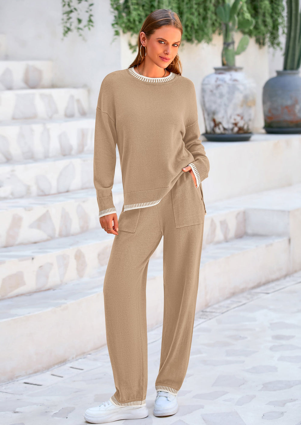 Osonn Women's 2 Piece Knit Sweater Outfit Casual Long Sleeve Pullover Wide Leg Pants Tracksuit Loungewear Set