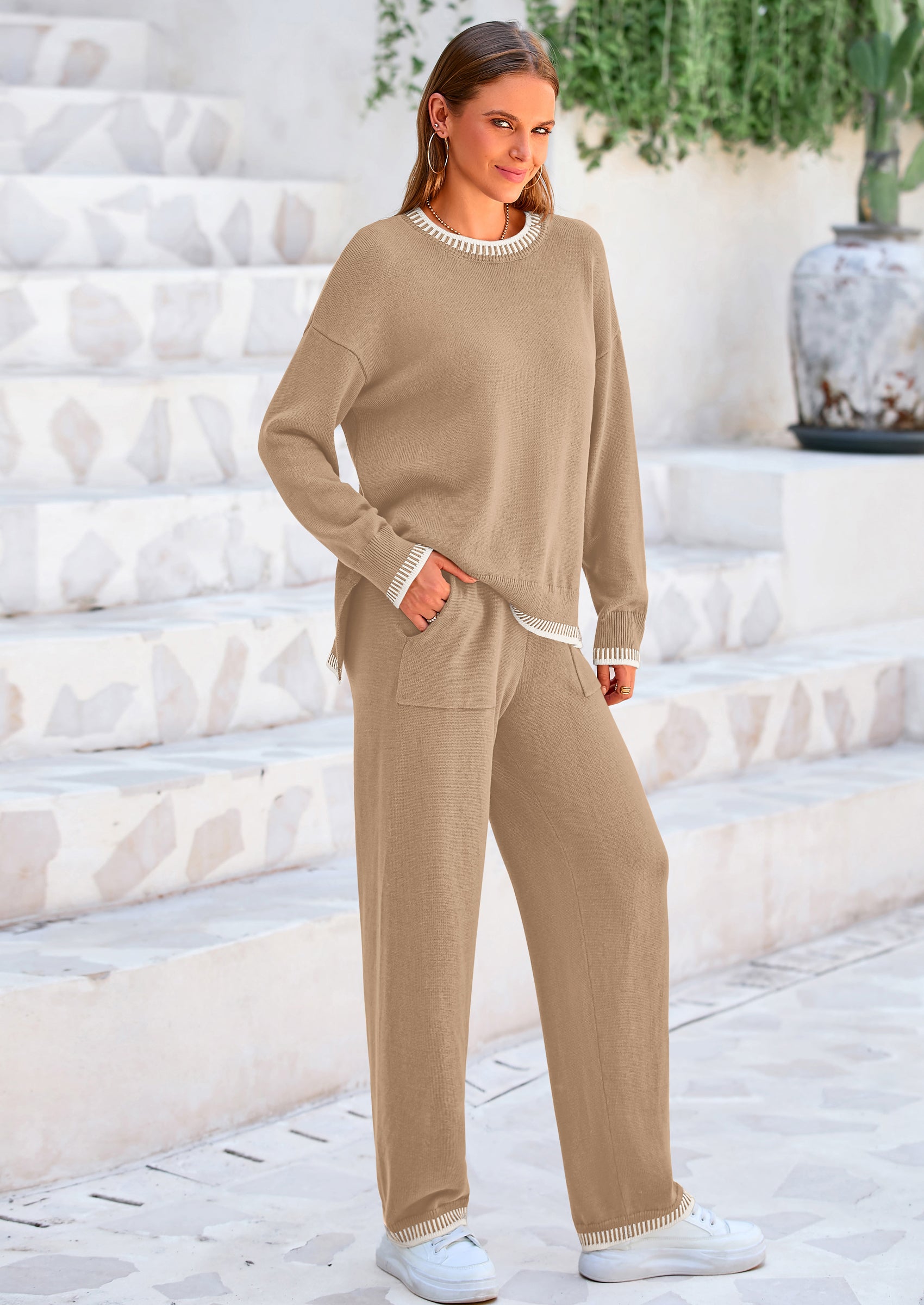 Osonn Women's 2 Piece Knit Sweater Outfit Casual Long Sleeve Pullover Wide Leg Pants Tracksuit Loungewear Set