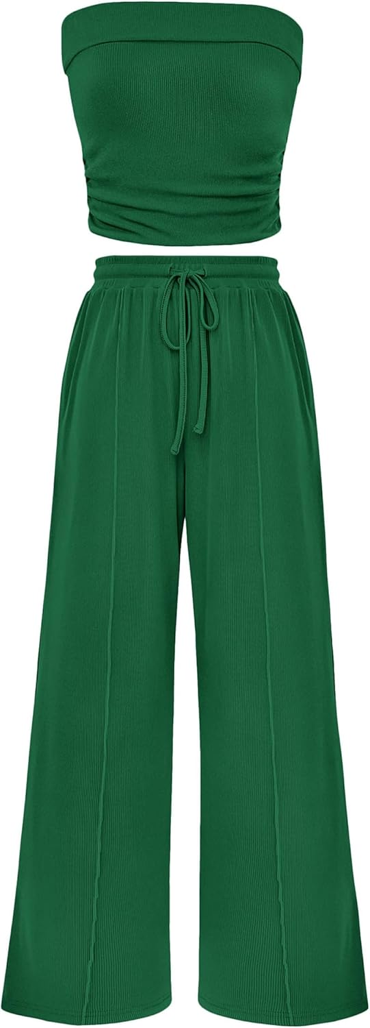 Osonn 2 Piece Sets Casual Ribbed Knit Crop Tube Top Wide Leg Pants Lounge Set
