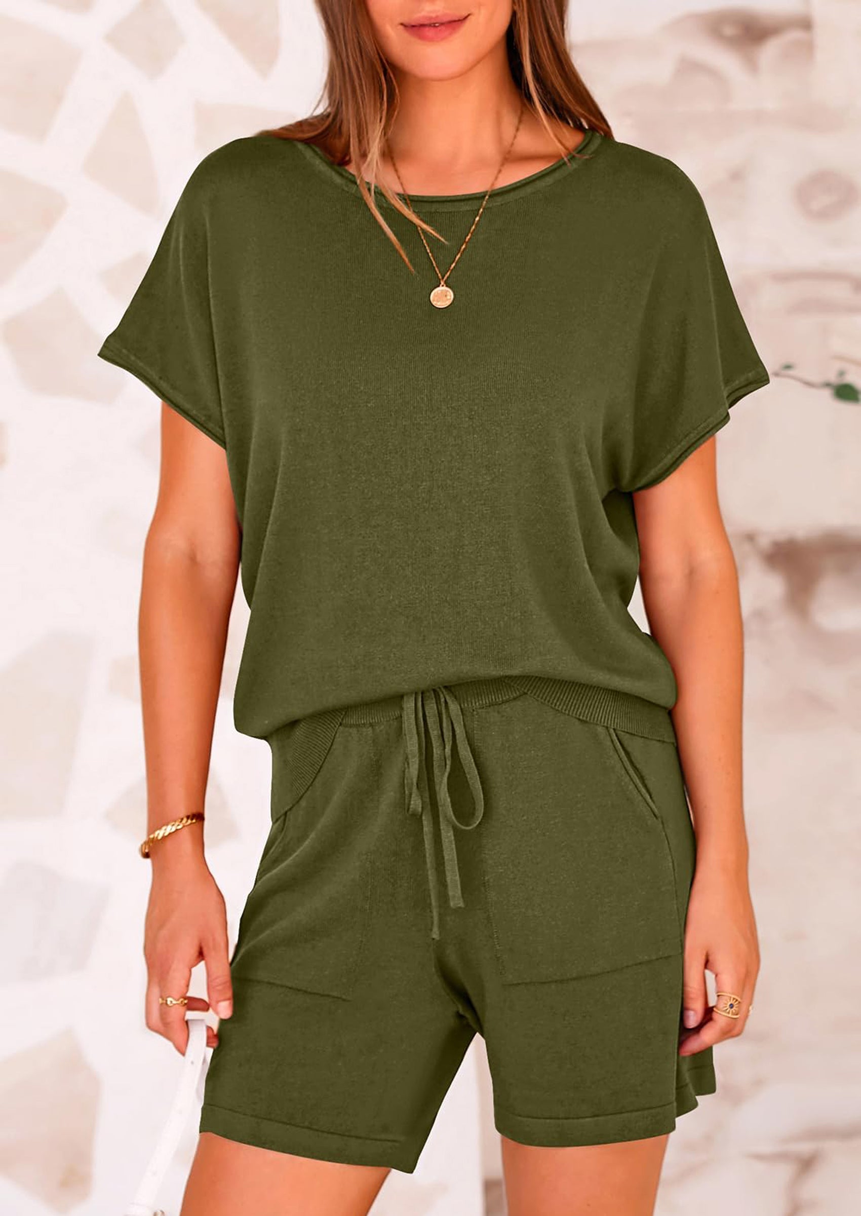 Osonn Two Piece Set for Women Summer Lounge Sets Shorts And Short Sleeve Tops Knitted Matching Travel Spring Outfits