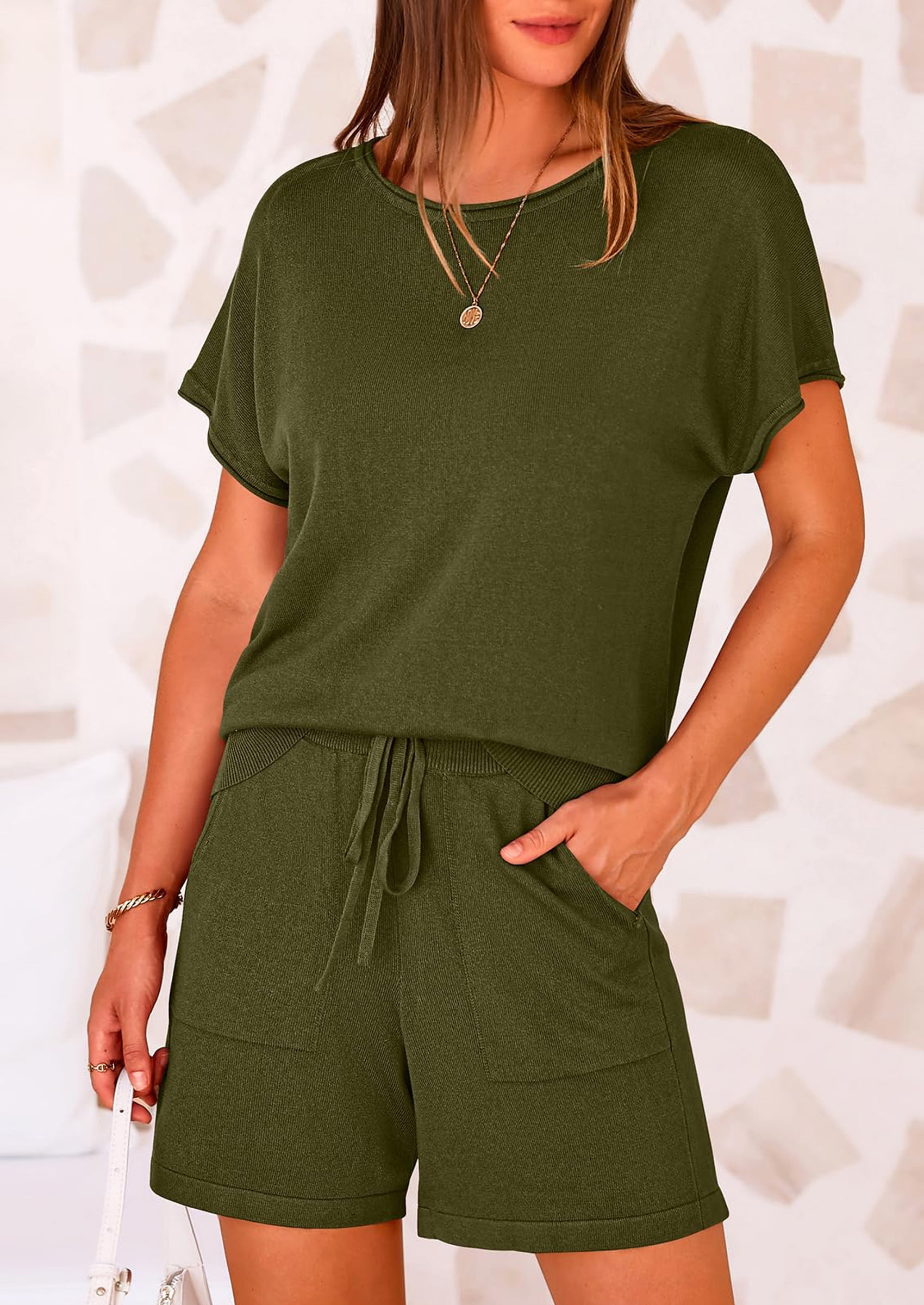 Osonn Two Piece Set for Women Summer Lounge Sets Shorts And Short Sleeve Tops Knitted Matching Travel Spring Outfits