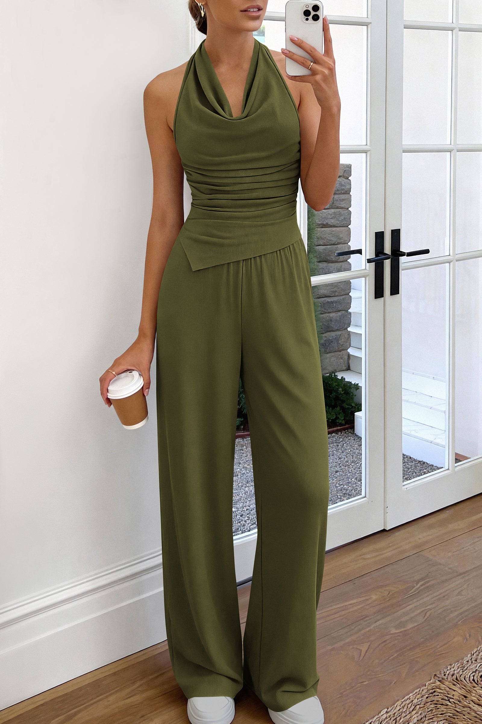 Osonn Women 2 Piece Lounge Sets Spring Fashion Halter Top Wide Leg Pants Summer Outfits Beach Vacation Clothes