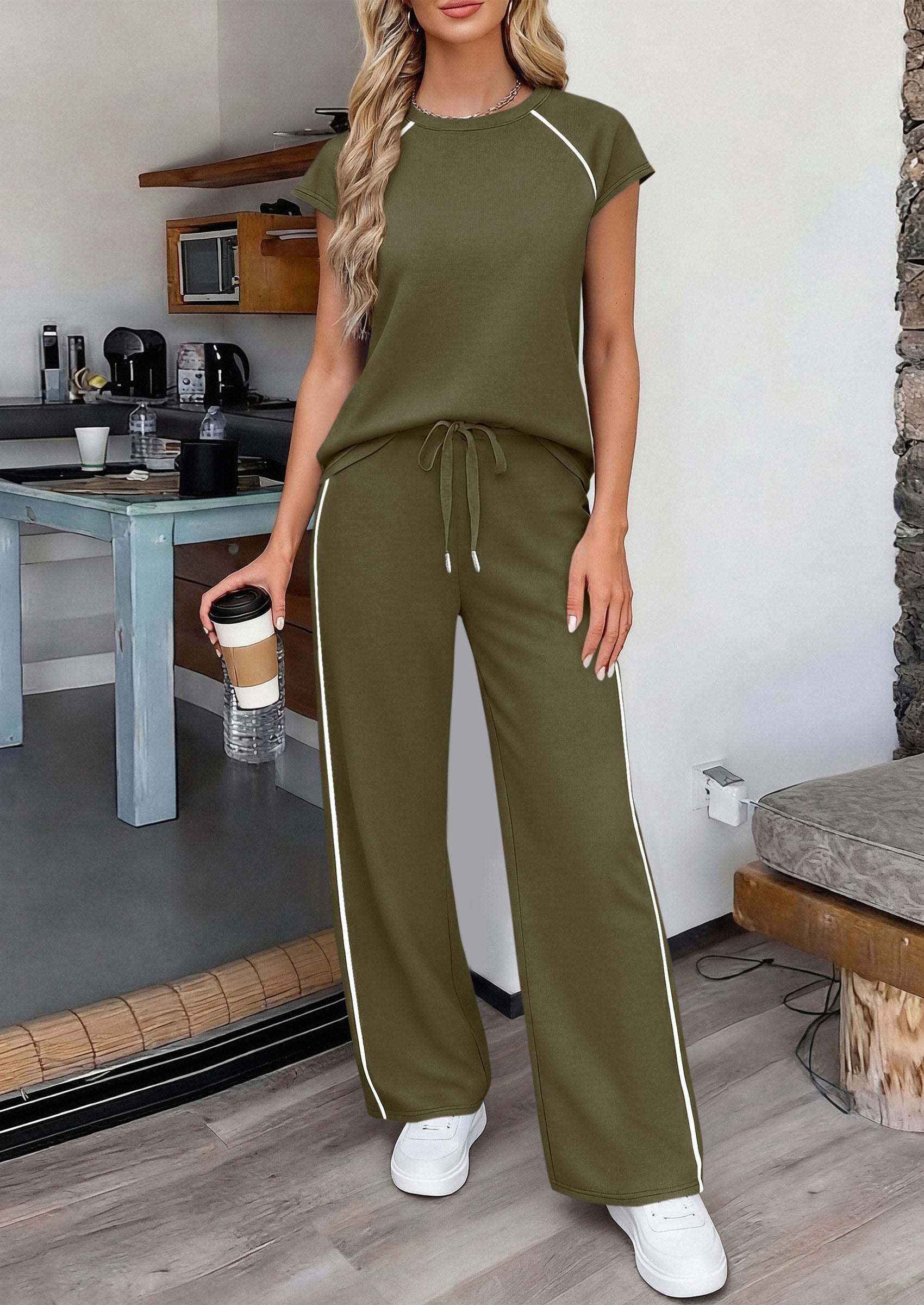 Osonn Women's 2 Piece Lounge Sets Summer Cap Sleeve Tops Wide Leg Pants Travel Outfits Matching Fashion Clothing