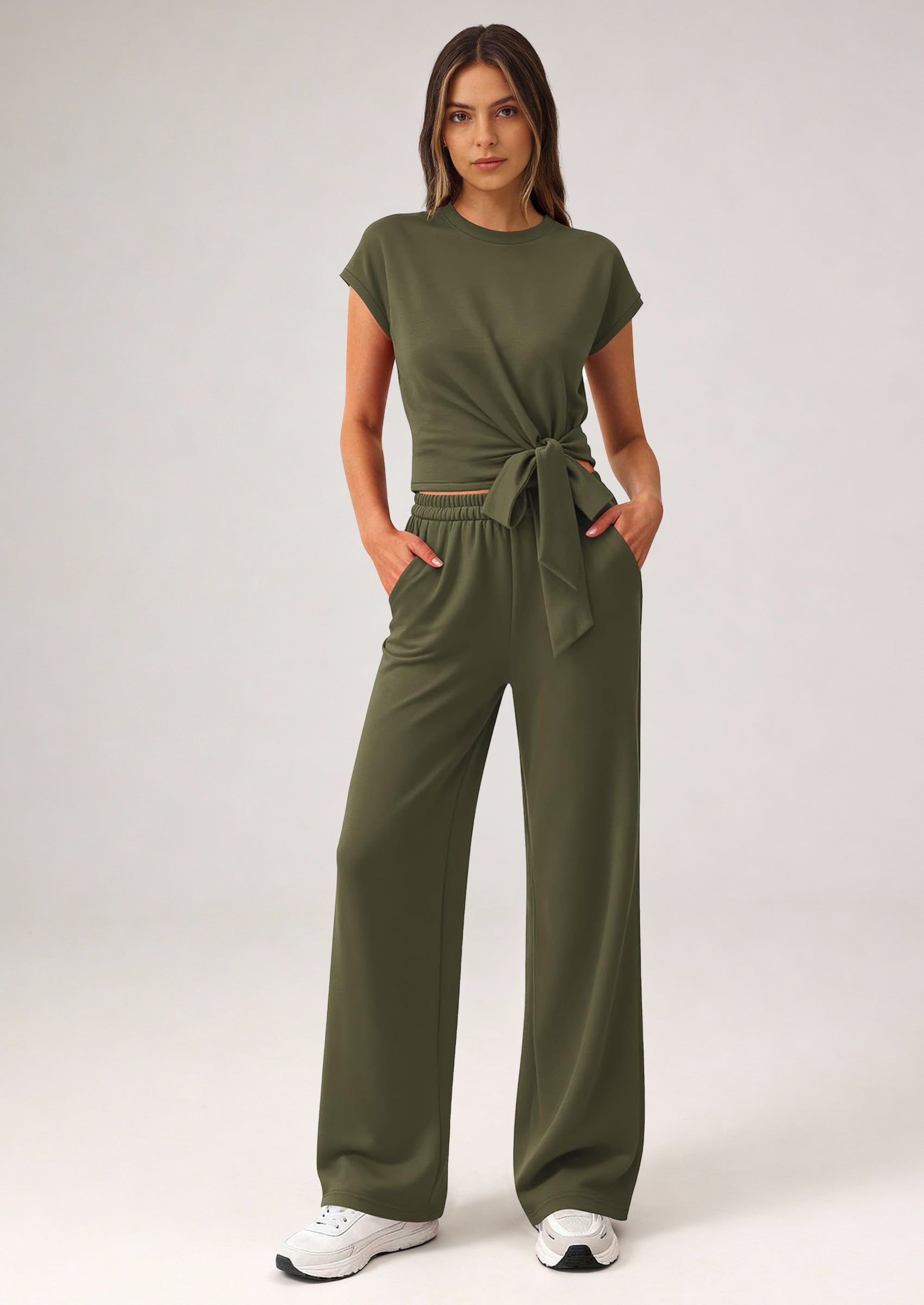 Osonn 2 Piece Matching Lounge Sets For Women Summer Short Sleeve Tie Front Crop Tops Casual Wide Leg Pants Tracksuit