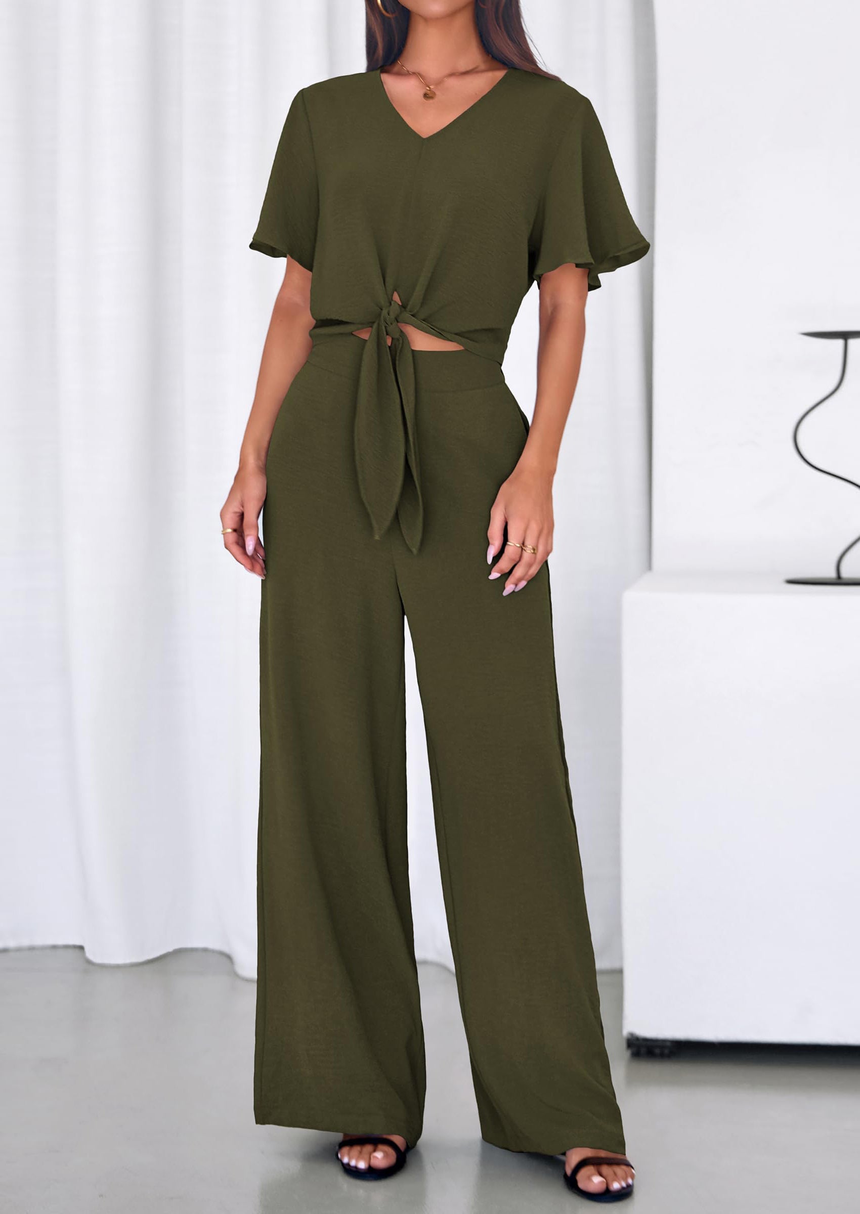 Osonn Women 2 Piece Summer Outfits Short Sleeve Strappy Top Wide Leg Pants Tracksuit Lounge Sets Beach Clothes