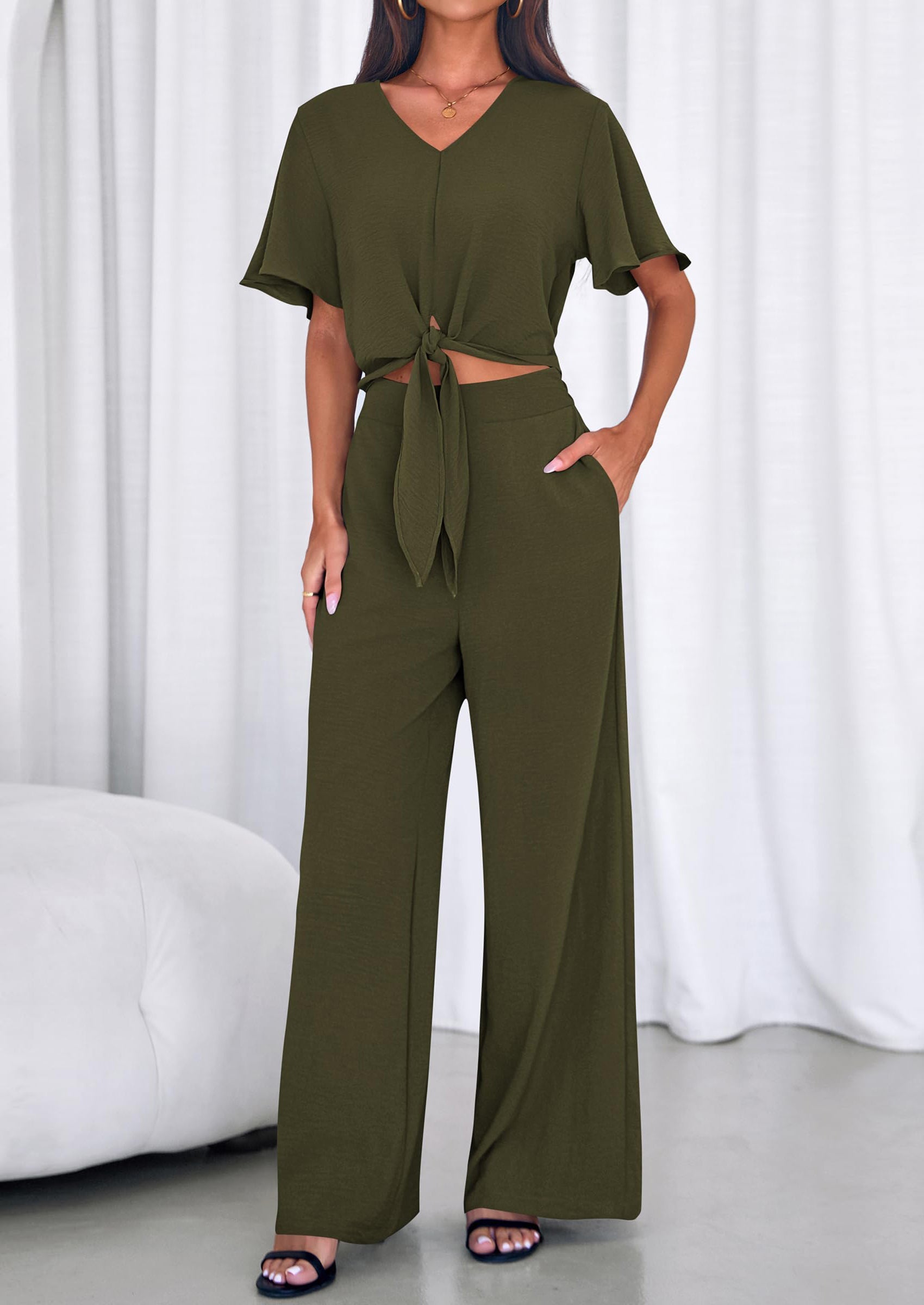 Osonn Women 2 Piece Summer Outfits Short Sleeve Strappy Top Wide Leg Pants Tracksuit Lounge Sets Beach Clothes