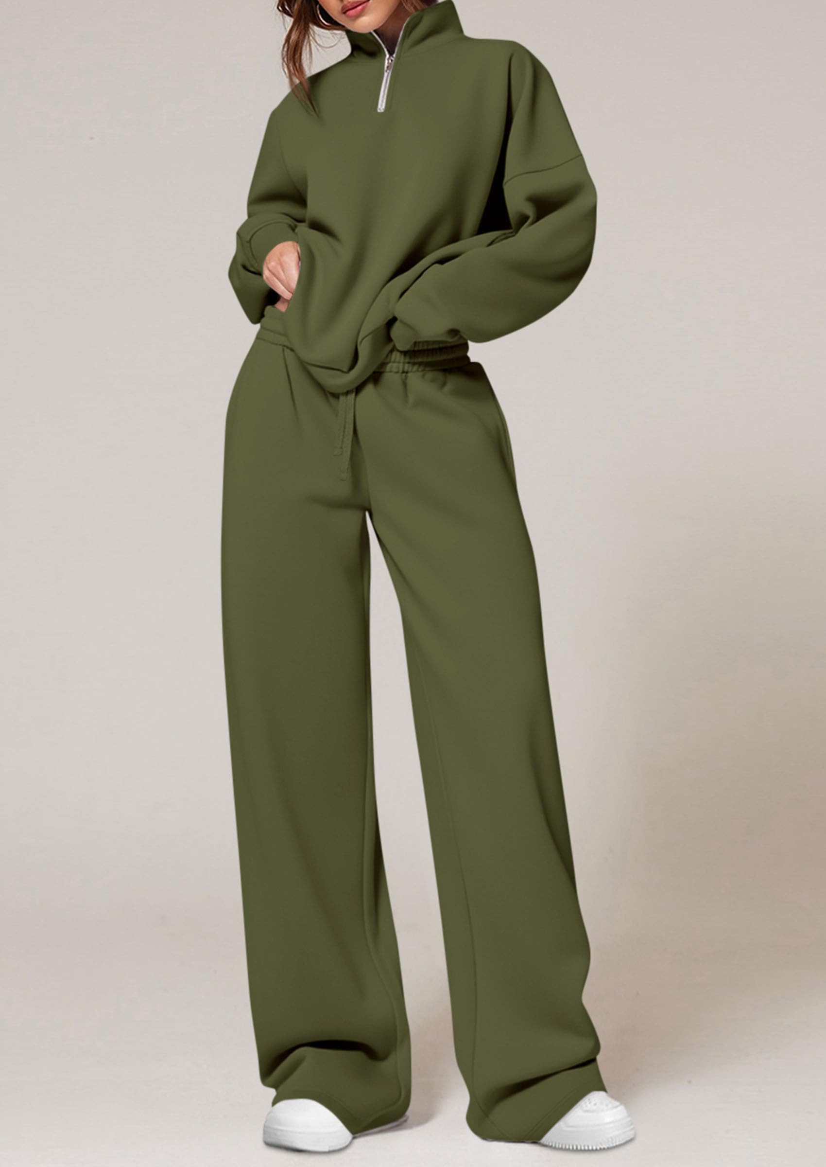 Osonn Womens Casual Two Piece Sets Fall Outfits Quarter Zip Sweatshirts Straight Leg Pants Sweatsuits Tracksuit