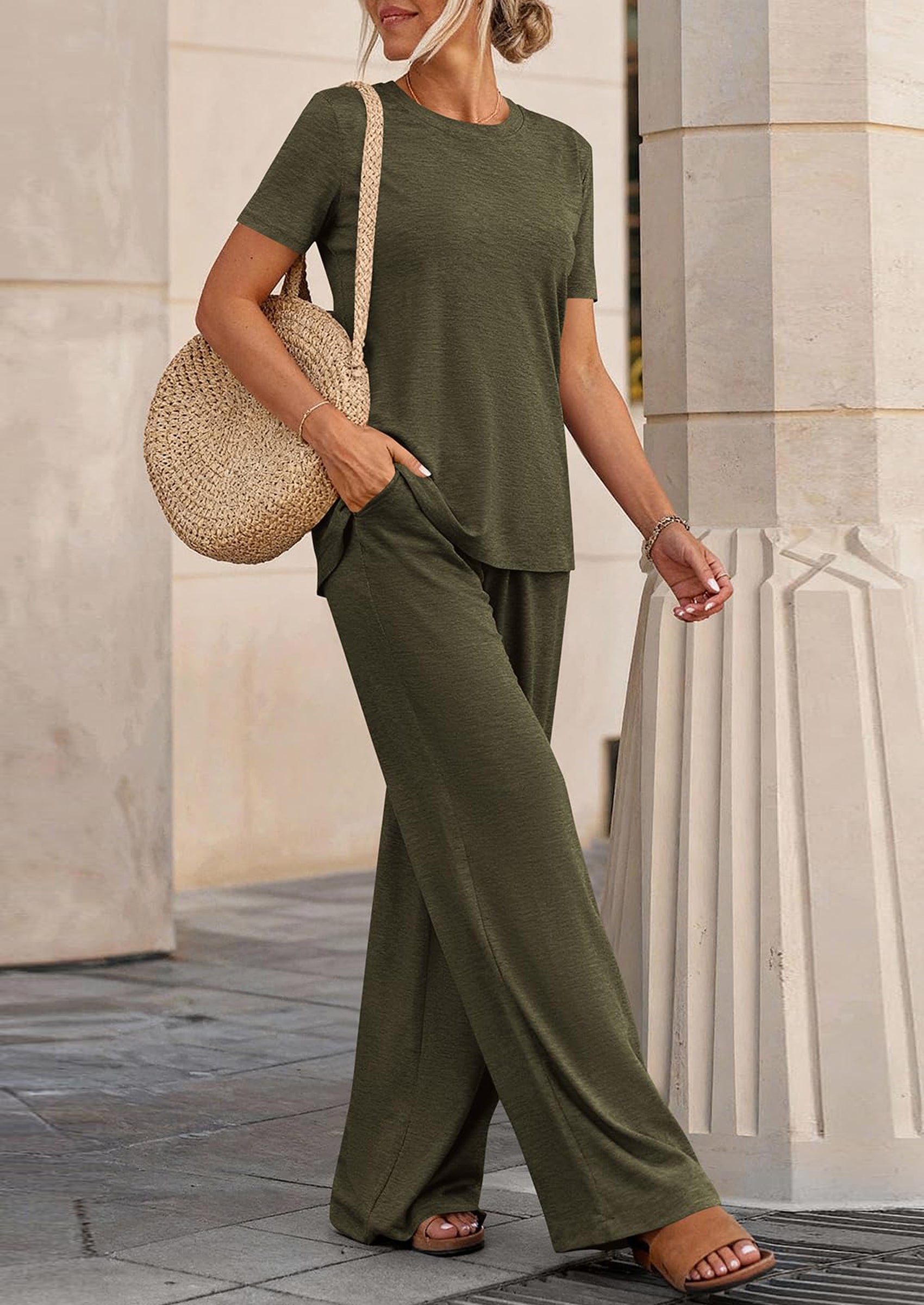 Osonn Summer Lounge Sets for Women 2 Piece Short Sleeve Crewneck Cute Tops and Wide Leg Pants with Pockets Pj Set