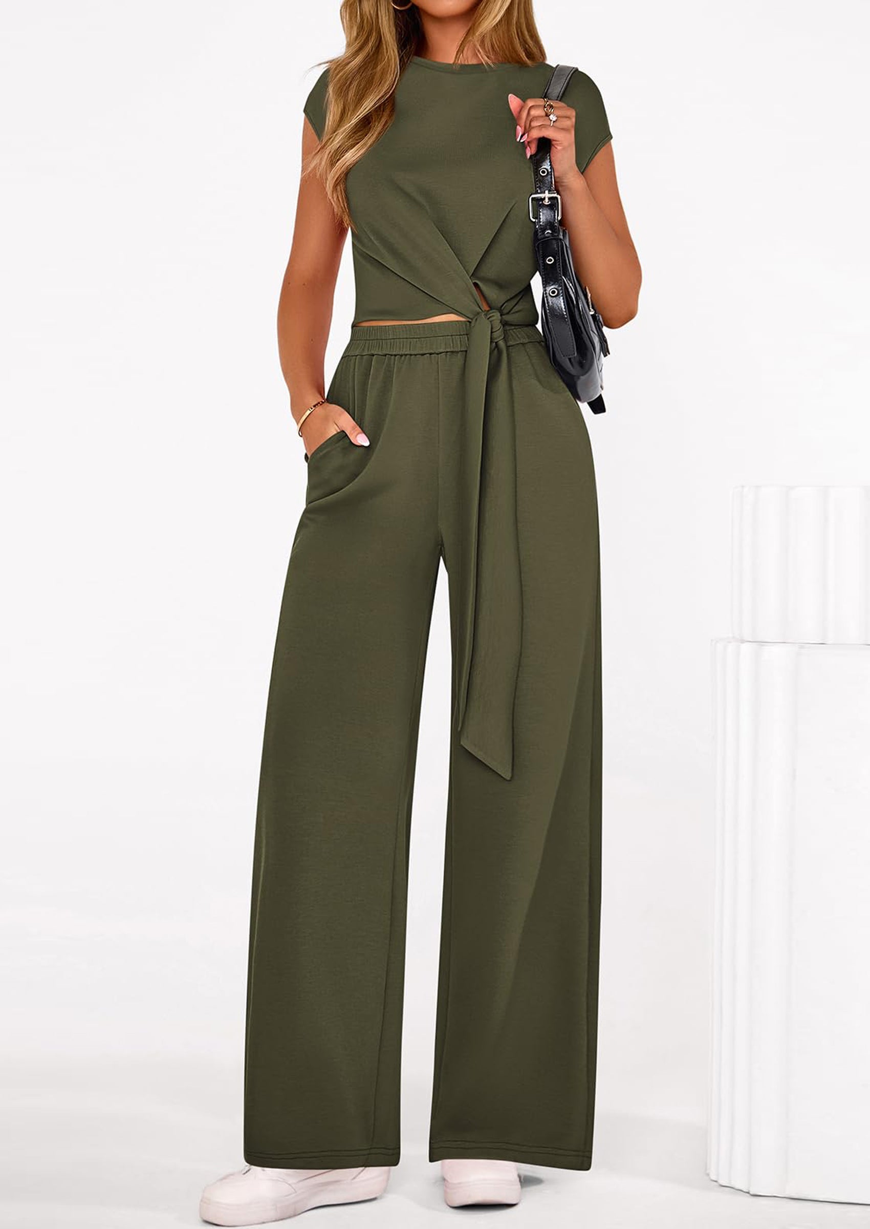 Osonn 2 Piece Matching Lounge Sets For Women Summer Short Sleeve Tie Front Crop Tops Casual Wide Leg Pants Tracksuit