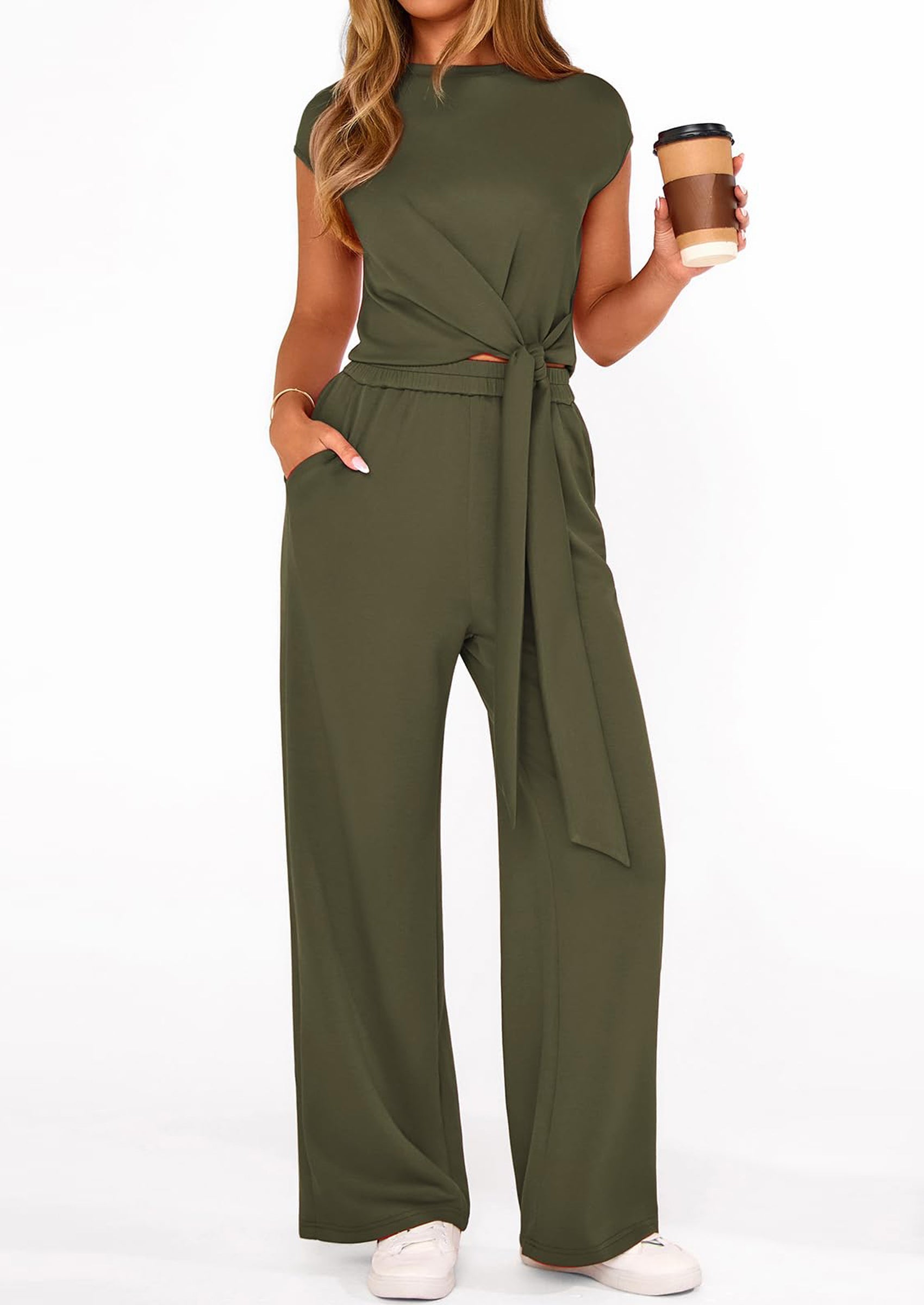 Osonn 2 Piece Matching Lounge Sets For Women Summer Short Sleeve Tie Front Crop Tops Casual Wide Leg Pants Tracksuit