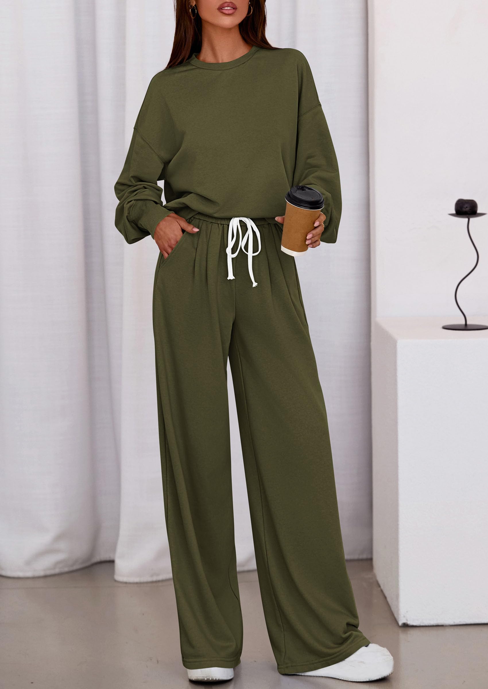 Osonn Womens 2 Piece Sets Long Sleeve Sweatshirt Wide Leg Pants Loose Matching Lounge Set Trendy Fall Outfits