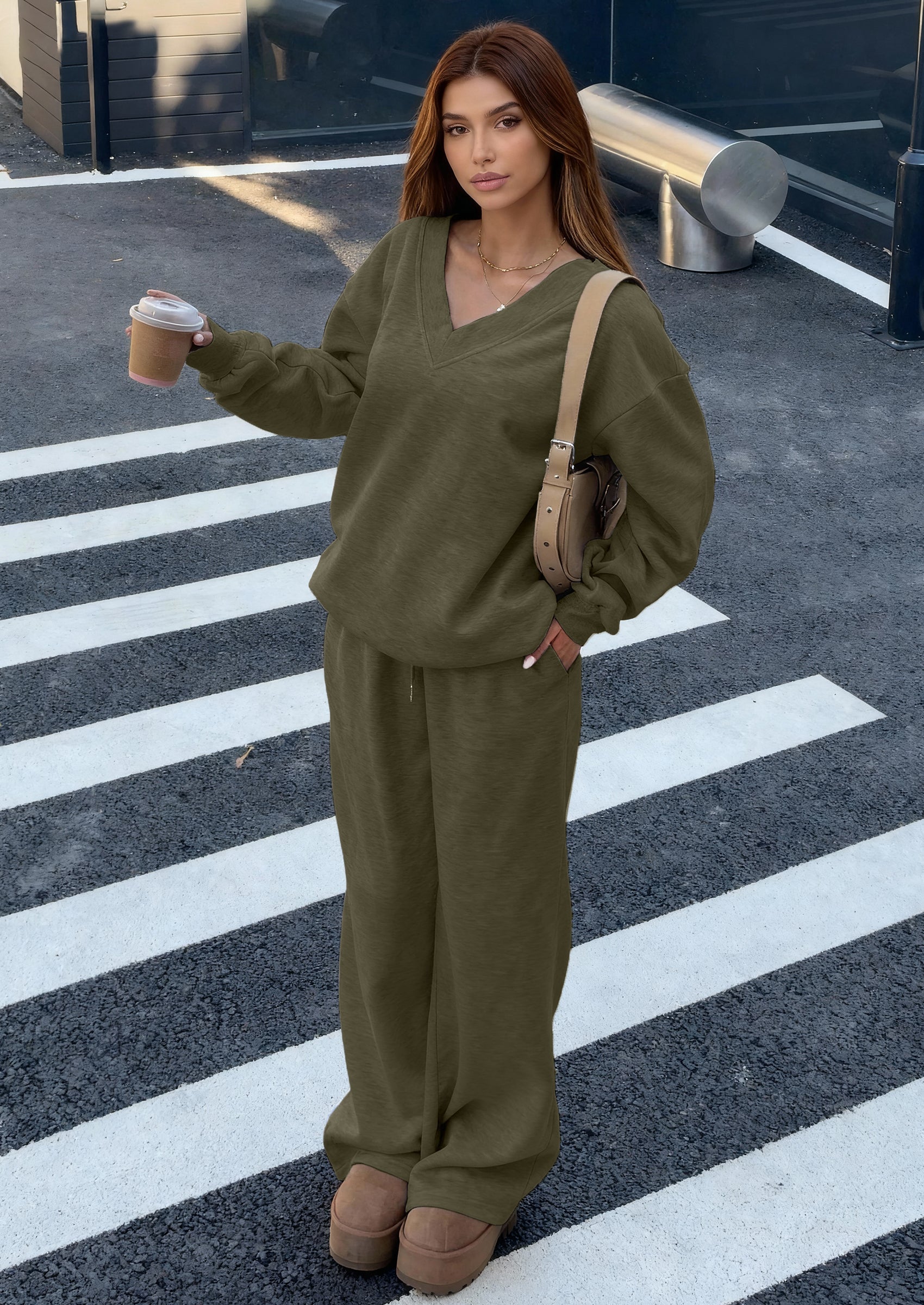 Osonn Casual Winter Two Piece Sets for Women V Neck Sweatshirt Loose Wide Leg Pants Tracksuit Knit Fall Outfits