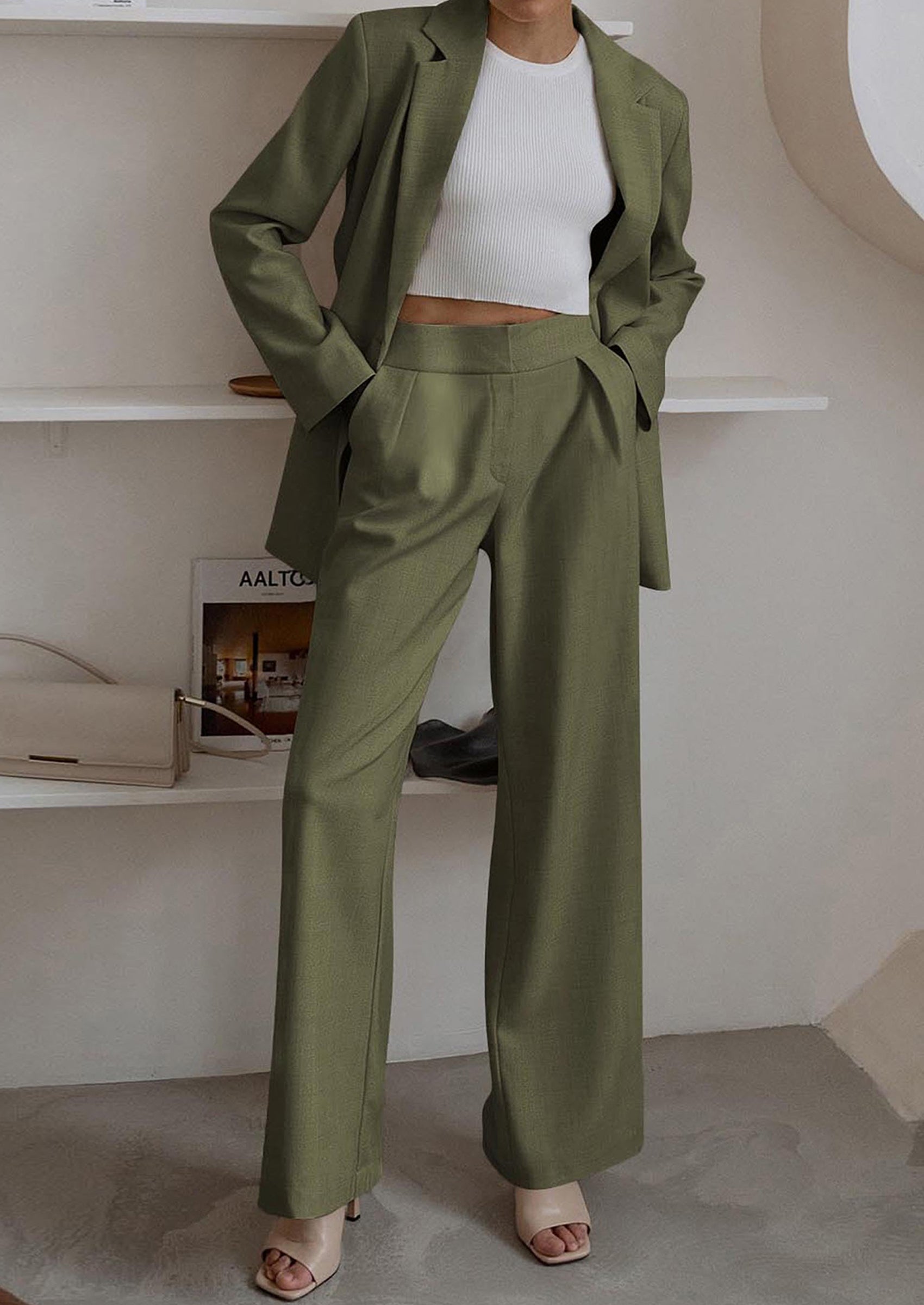 Osonn Women's Fall Two Piece Outfits Dressy Blazer Jacket and Wide Leg Pants Pockets Business Casual Office Suit Sets