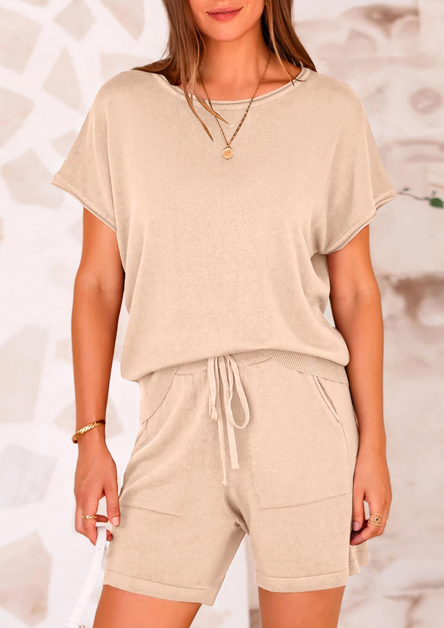 Osonn Two Piece Set for Women Summer Lounge Sets Shorts And Short Sleeve Tops Knitted Matching Travel Spring Outfits