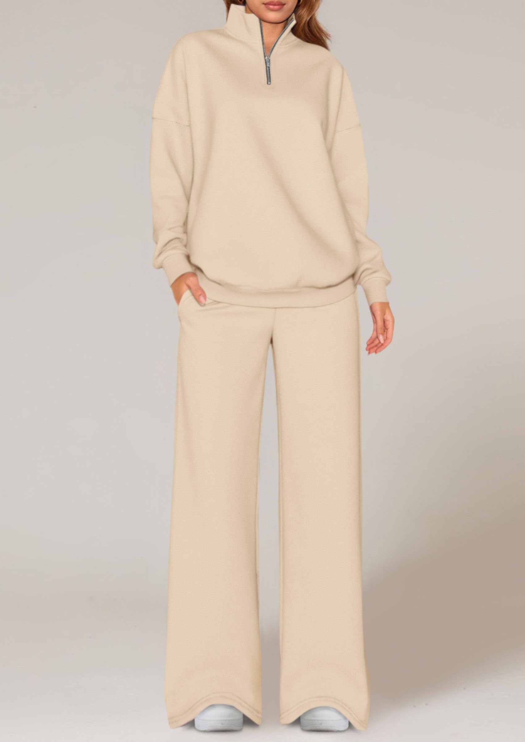 Osonn Womens Casual Two Piece Sets Fall Outfits Quarter Zip Sweatshirts Straight Leg Pants Sweatsuits Tracksuit