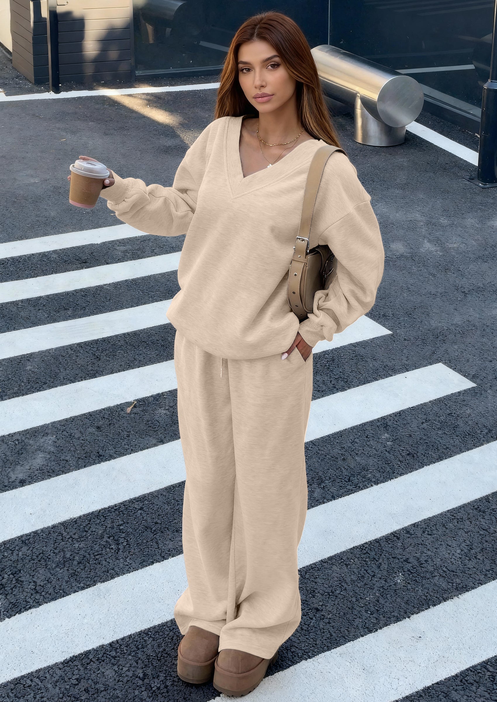 Osonn Casual Winter Two Piece Sets for Women V Neck Sweatshirt Loose Wide Leg Pants Tracksuit Knit Fall Outfits