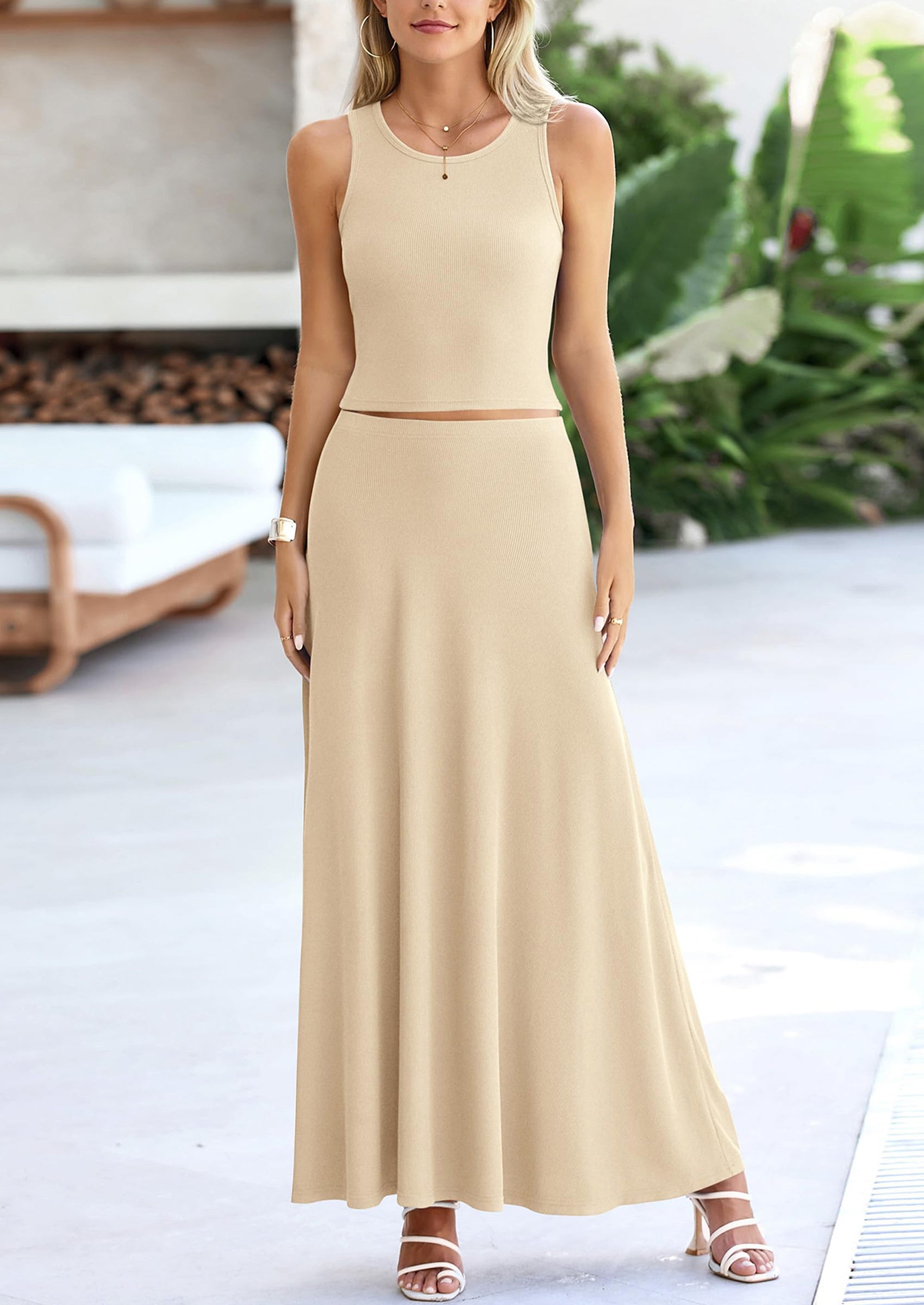 Osonn 2 Piece Maxi Skirt Sets Casual Knit Cropped Tank Top High Waisted Long Skirts Outfit