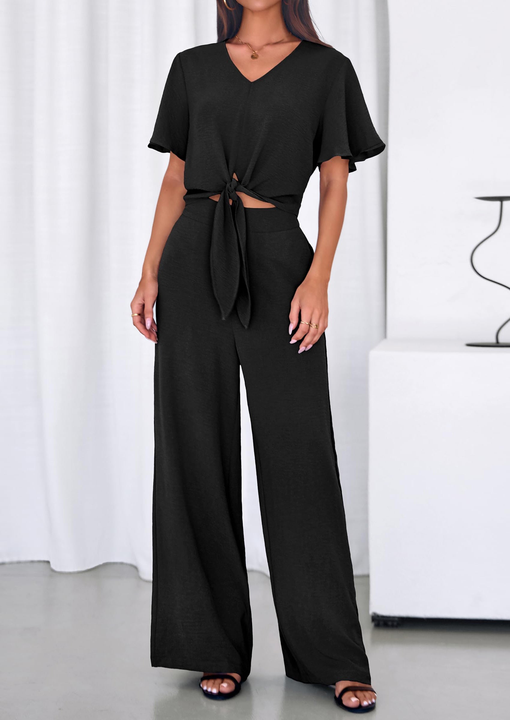 Osonn Women 2 Piece Summer Outfits Short Sleeve Strappy Top Wide Leg Pants Tracksuit Lounge Sets Beach Clothes