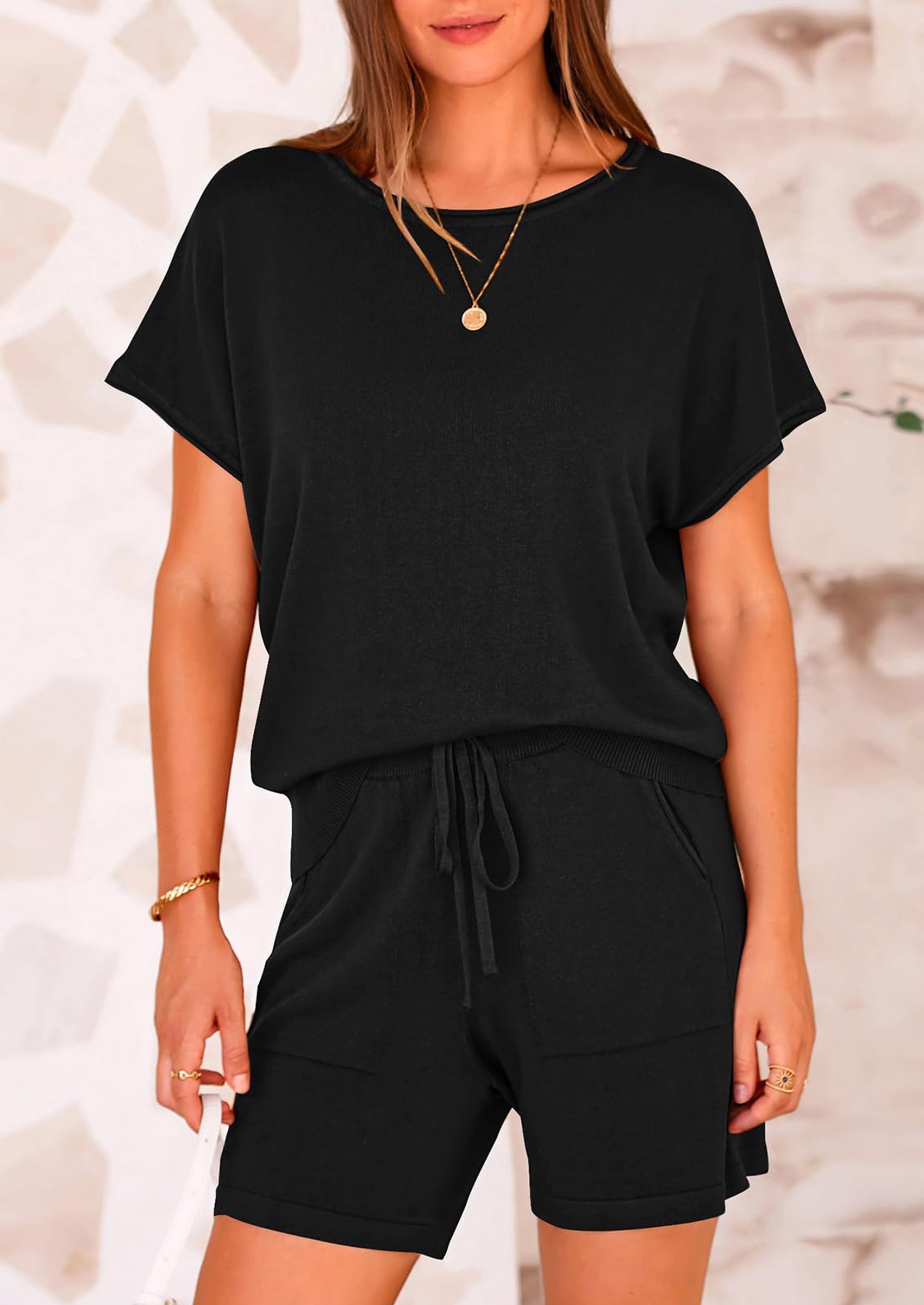 Osonn Two Piece Set for Women Summer Lounge Sets Shorts And Short Sleeve Tops Knitted Matching Travel Spring Outfits