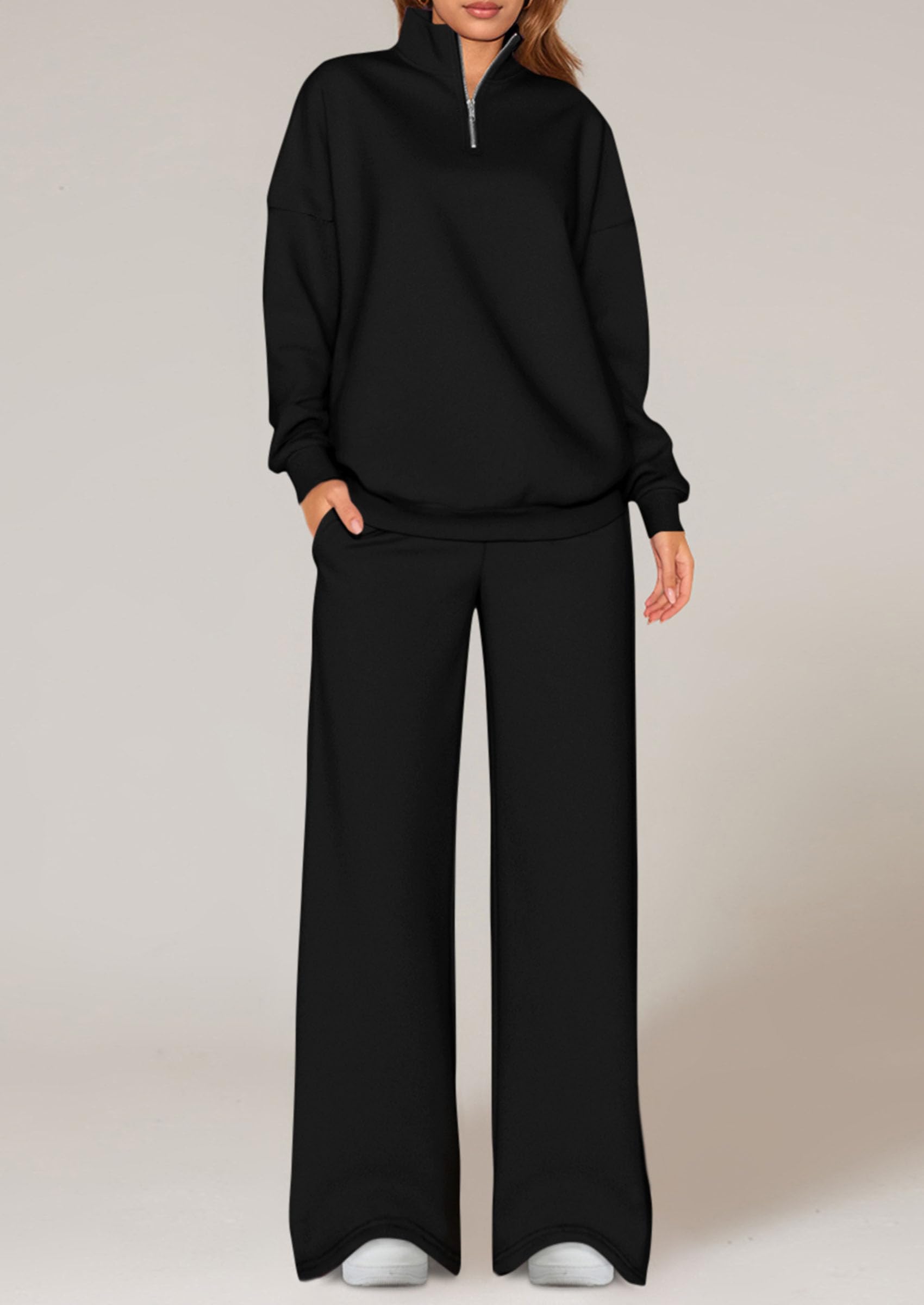 Osonn Womens Casual Two Piece Sets Fall Outfits Quarter Zip Sweatshirts Straight Leg Pants Sweatsuits Tracksuit