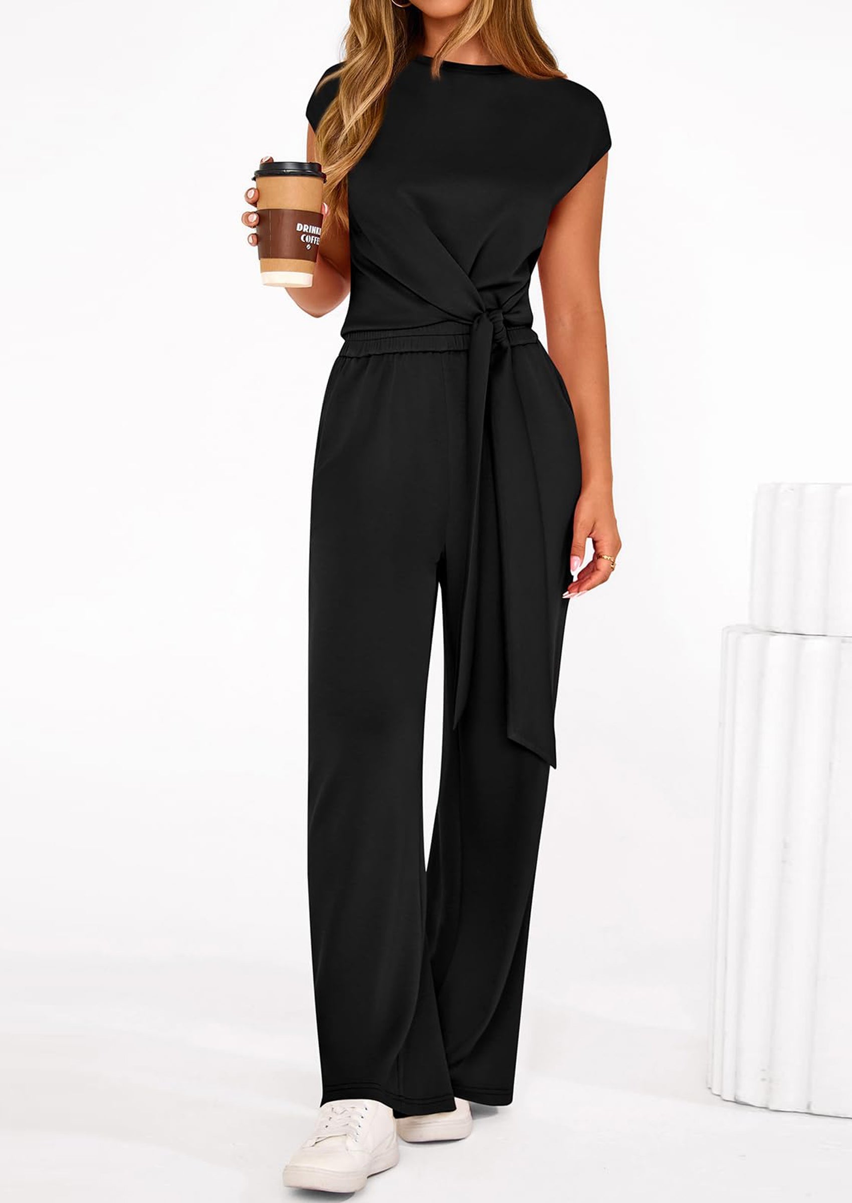Osonn 2 Piece Matching Lounge Sets For Women Summer Short Sleeve Tie Front Crop Tops Casual Wide Leg Pants Tracksuit