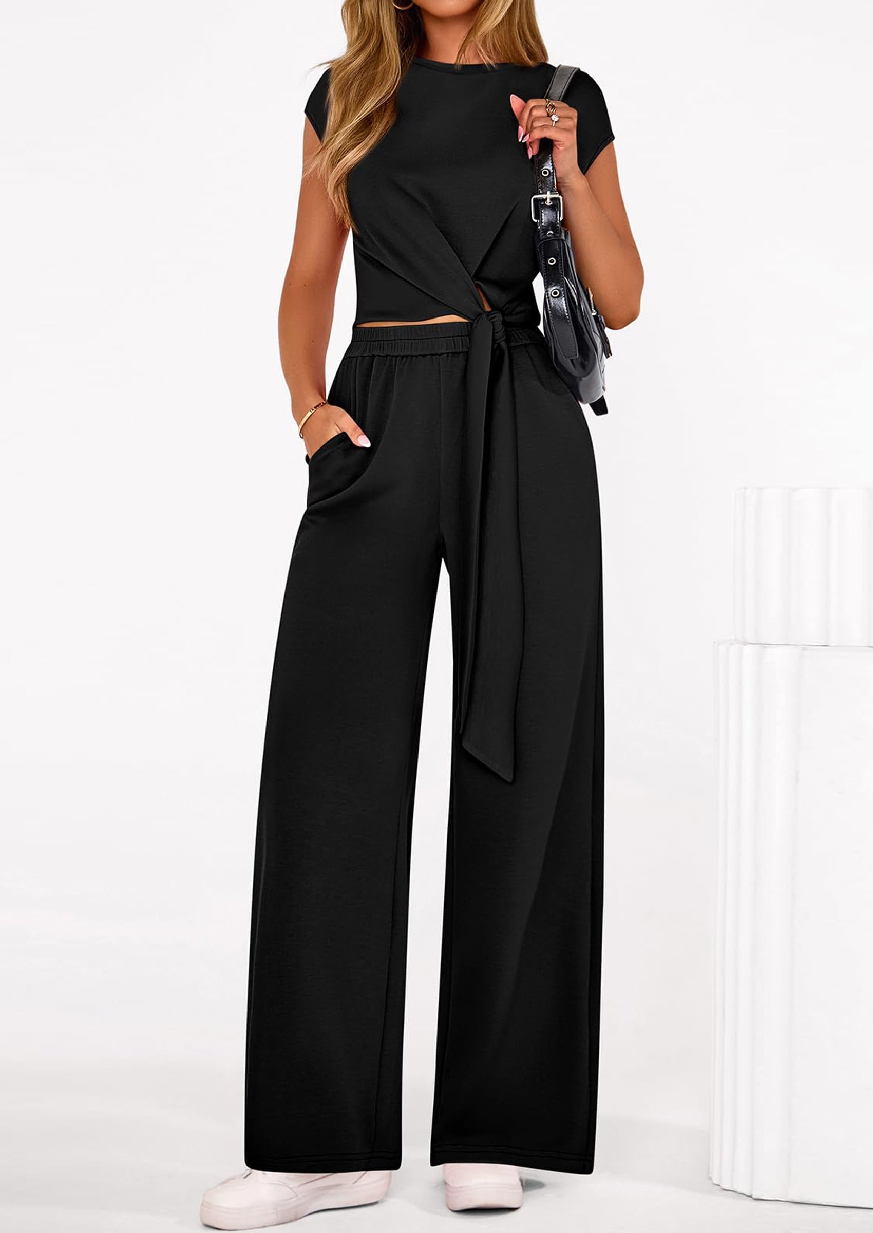 Osonn 2 Piece Matching Lounge Sets For Women Summer Short Sleeve Tie Front Crop Tops Casual Wide Leg Pants Tracksuit