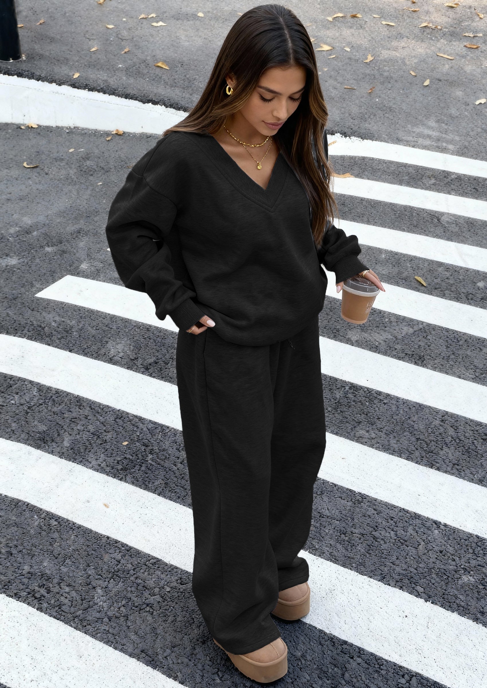 Osonn Casual Winter Two Piece Sets for Women V Neck Sweatshirt Loose Wide Leg Pants Tracksuit Knit Fall Outfits