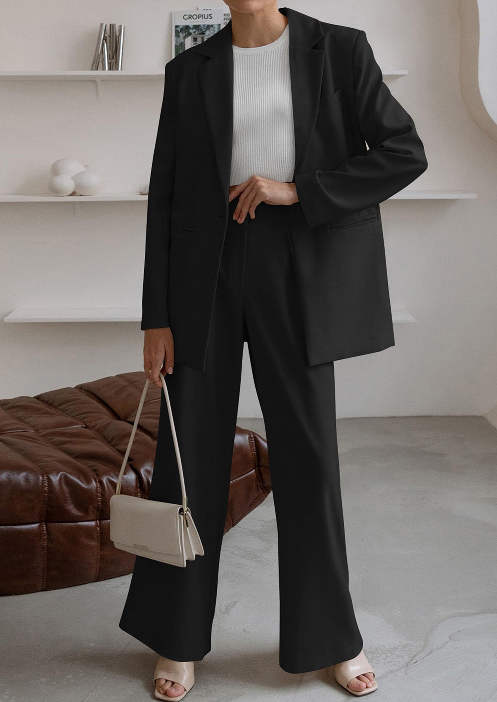 Osonn Women's Fall Two Piece Outfits Dressy Blazer Jacket and Wide Leg Pants Pockets Business Casual Office Suit Sets