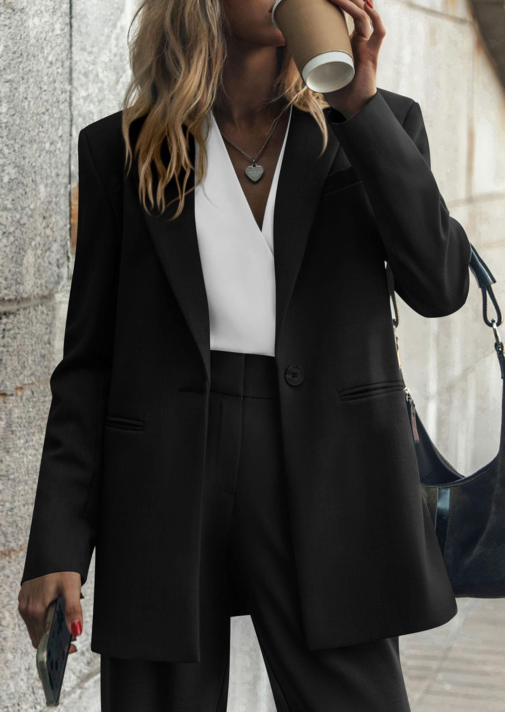 Osonn Women's Fall Two Piece Outfits Dressy Blazer Jacket and Wide Leg Pants Pockets Business Casual Office Suit Sets