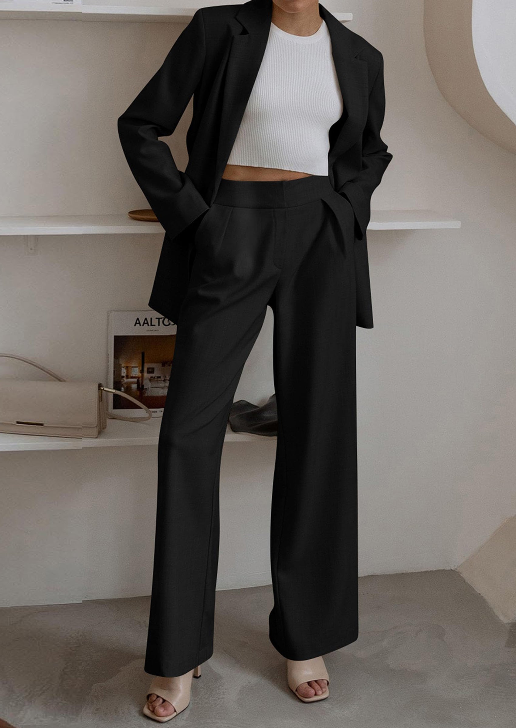 Osonn Women's Fall Two Piece Outfits Dressy Blazer Jacket and Wide Leg Pants Pockets Business Casual Office Suit Sets