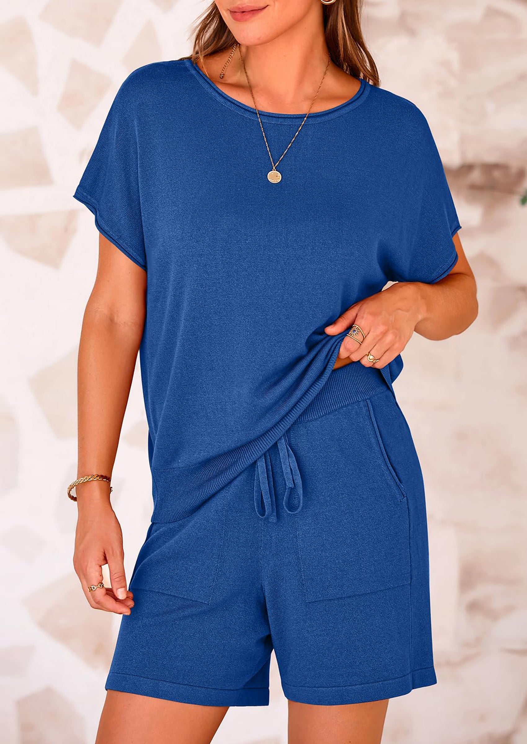 Osonn Two Piece Set for Women Summer Lounge Sets Shorts And Short Sleeve Tops Knitted Matching Travel Spring Outfits