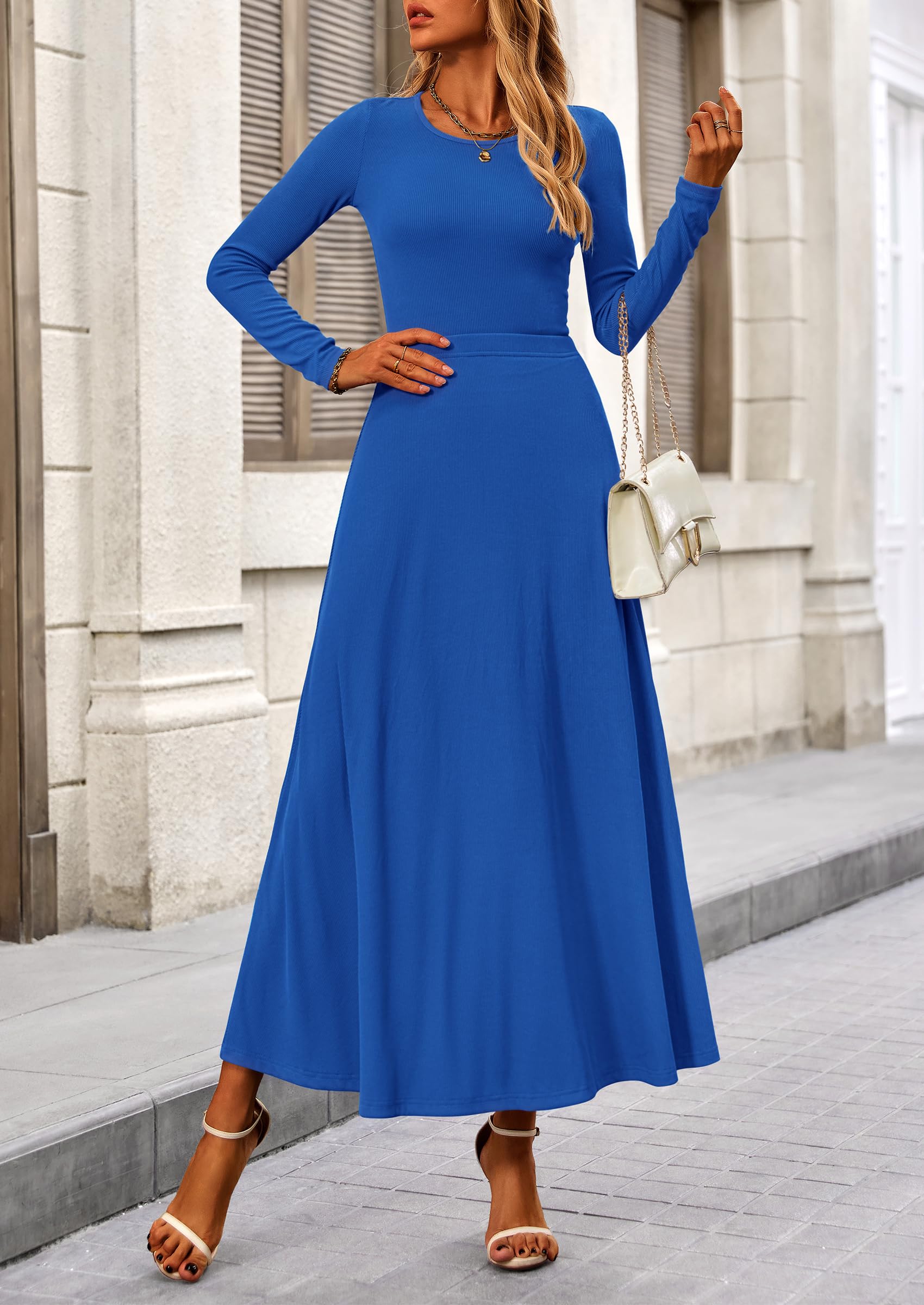 Osonn 2 Piece Casual Ribbed Knit Long Sleeve Crop Tops Maxi Flowy Skirts Matching Sets