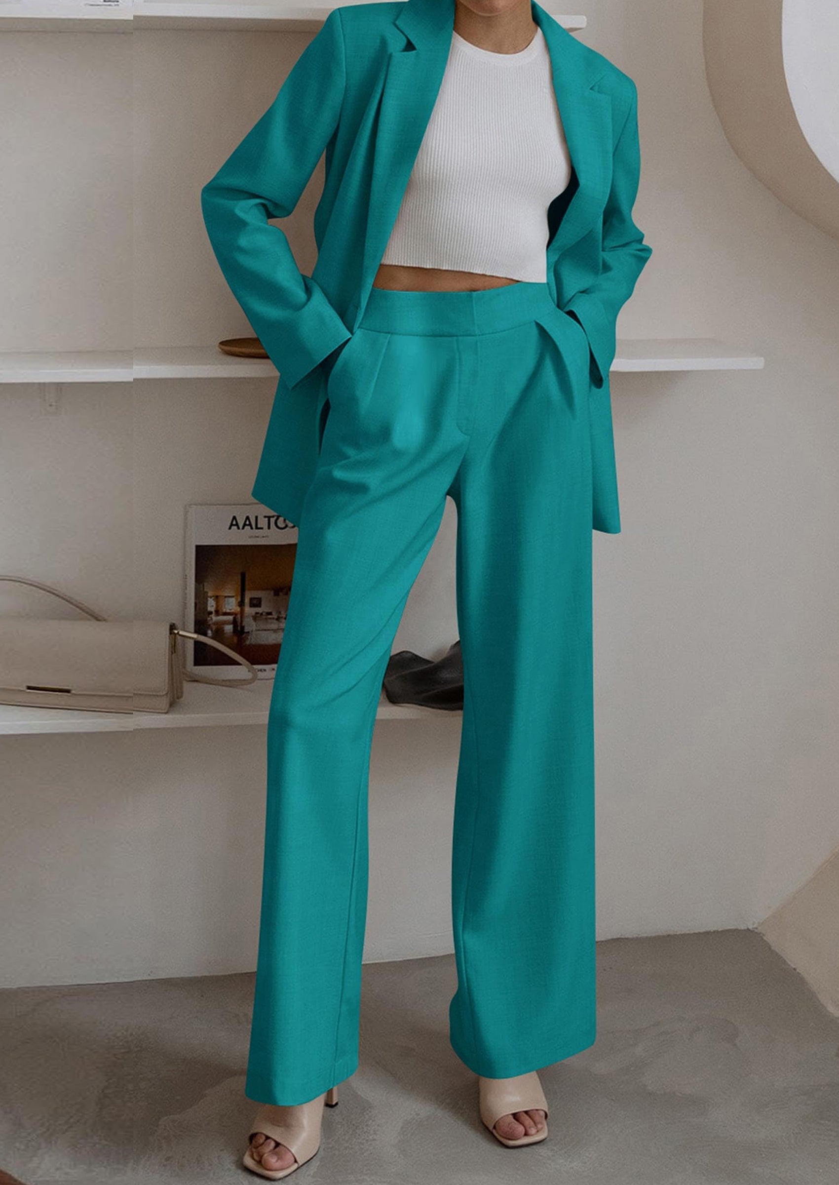 Osonn Women's Fall Two Piece Outfits Dressy Blazer Jacket and Wide Leg Pants Pockets Business Casual Office Suit Sets